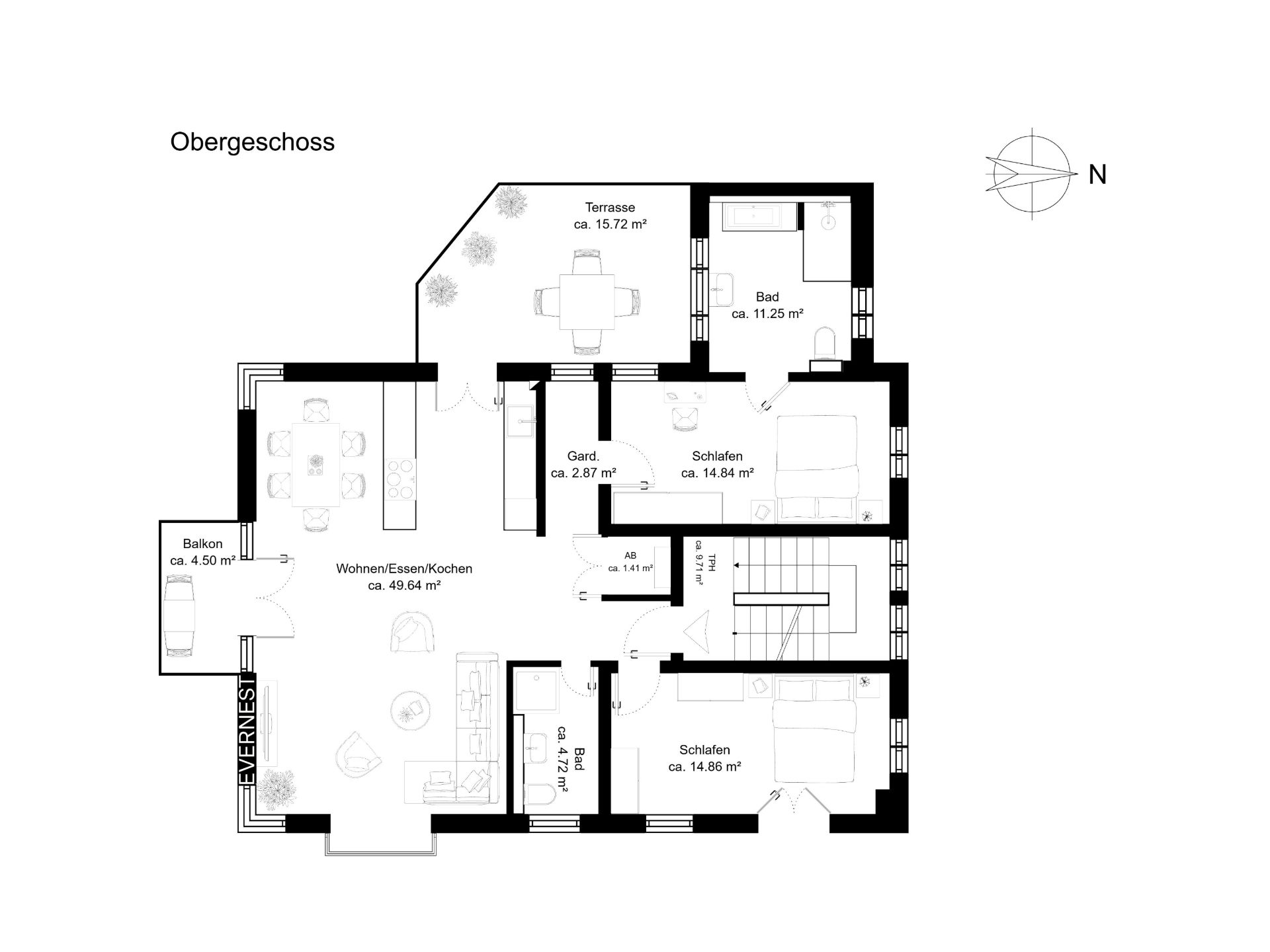 Grundriss des Obergeschosses mit Balkon, Terrasse, Wohnbereich, Bad und zwei Schlafzimmern.