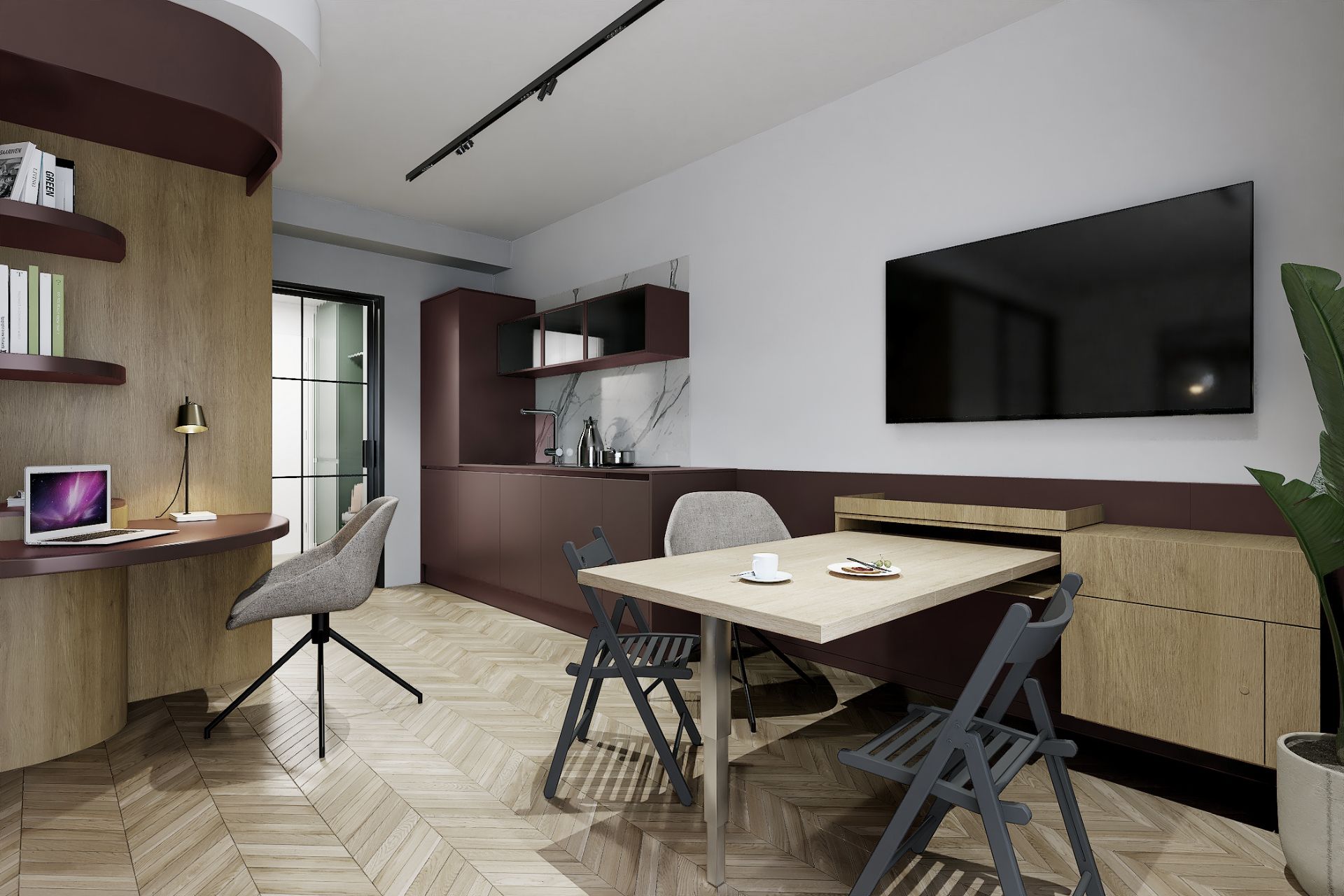 Moderner Wohnraum mit Küchenecke, Esstisch, Stühlen, Fernseher und Schreibtisch mit Laptop.