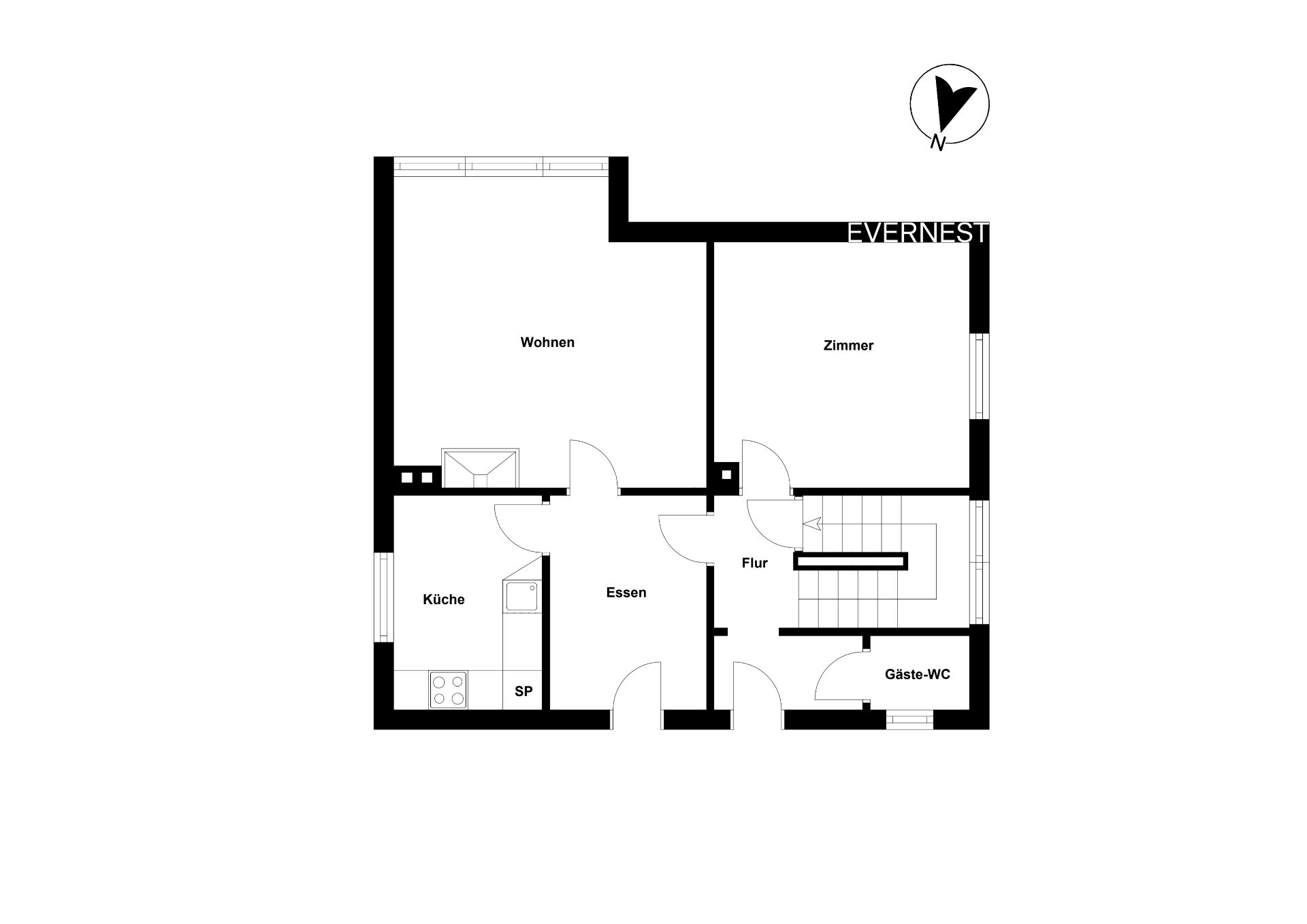 Grundriss mit Wohn-, Esszimmer, Küche, Zimmer, Flur und Gäste-WC.