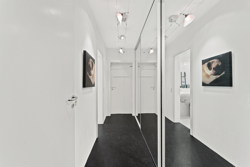 Heller Flur mit schwarzen Bodenfliesen, Spiegelwand und Hundefotos an den Wänden.