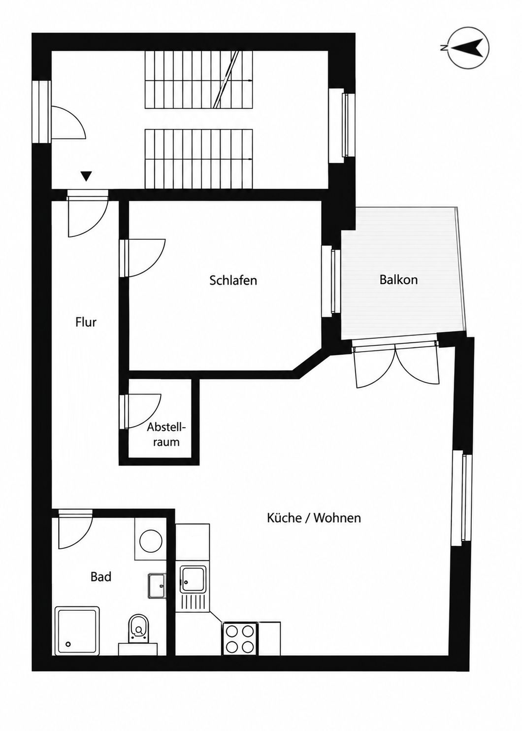 Grundriss einer Wohnung mit Schlafzimmer, Bad, Küche/Wohnbereich, Abstellraum, Flur und Balkon.
