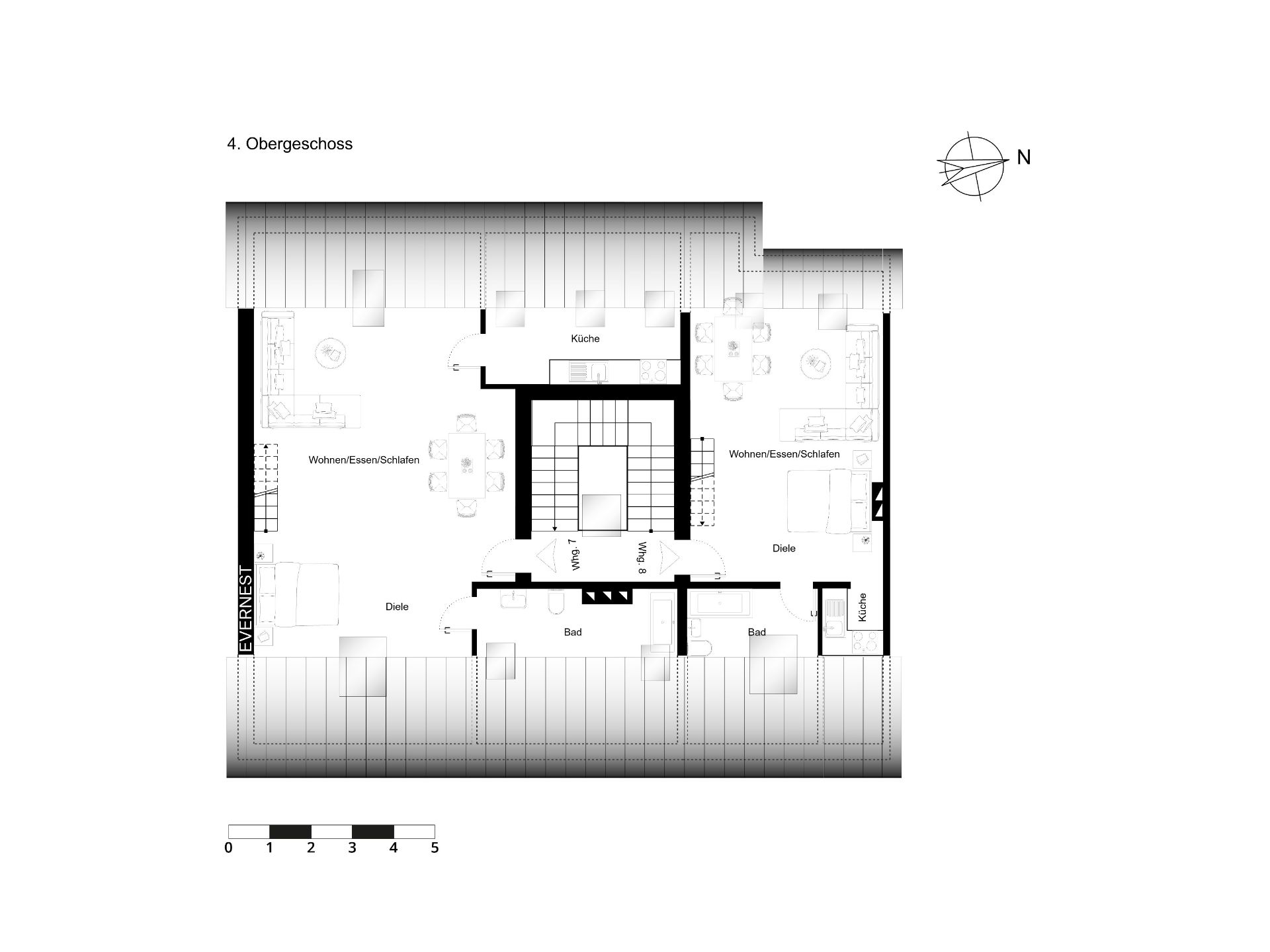 Grundriss einer Wohnung mit Küche, Wohnbereich, zwei Bädern und Flur im 4. Obergeschoss.
