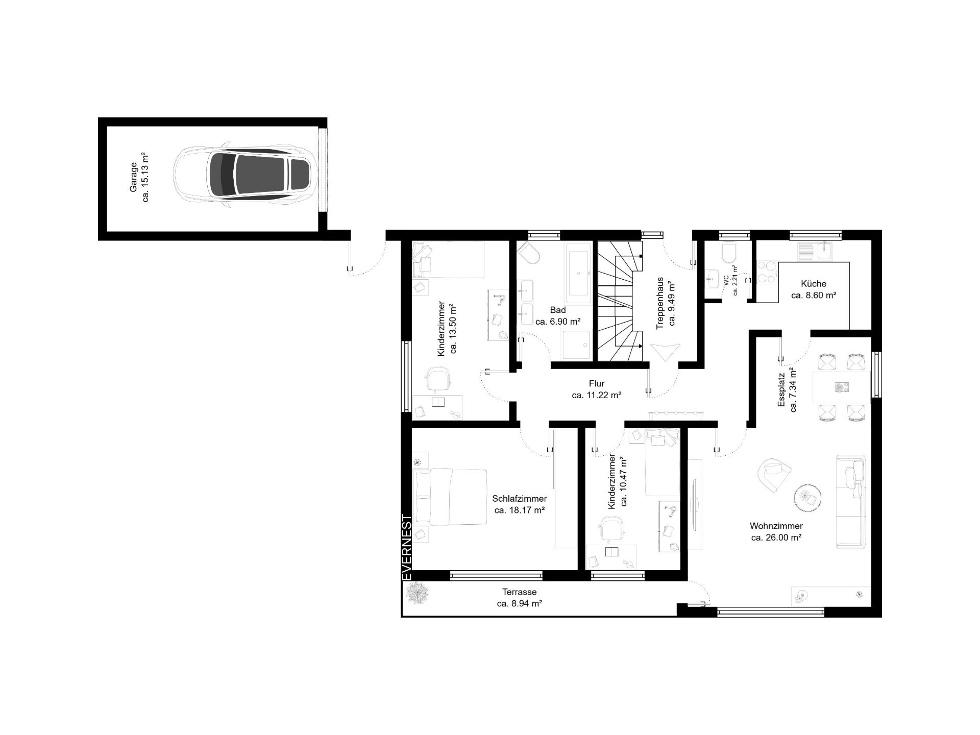 Grundriss mit Schlafzimmer, Wohnzimmer, Küche, Bad und Garage, alle Räume sind beschriftet.