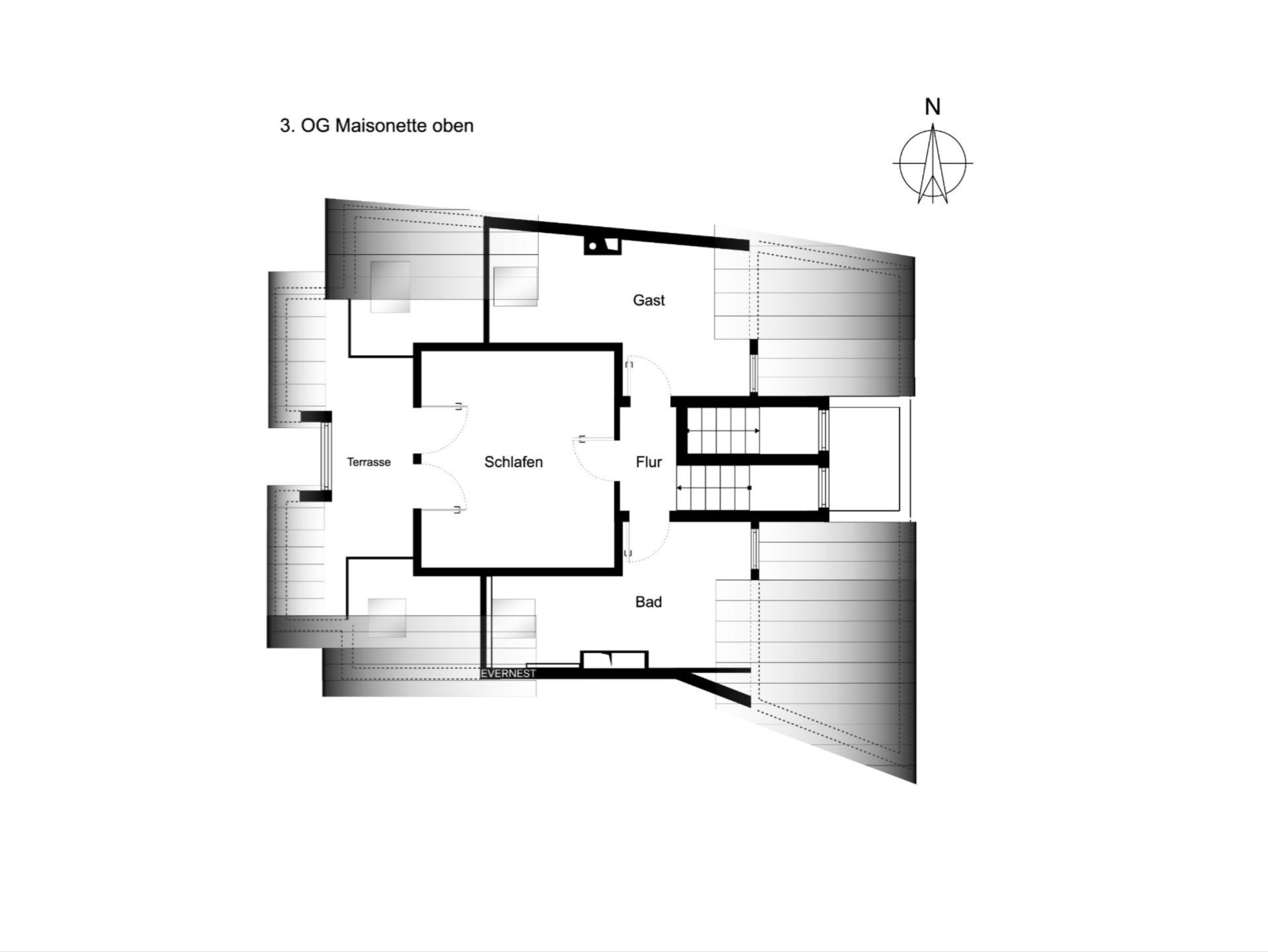 Grundriss einer oberen Maisonette mit Schlafzimmer, Gästezimmer, Bad, Flur und Terrasse.