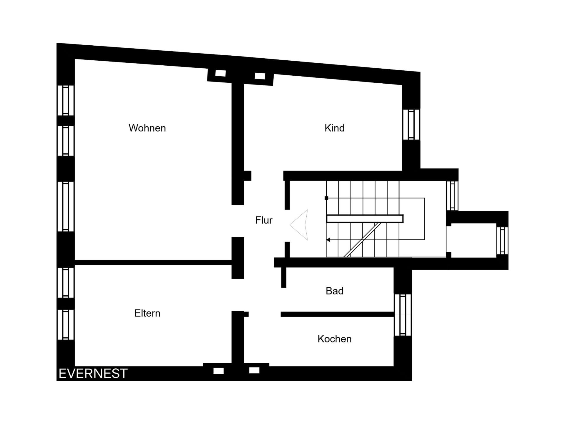 Grundriss mit Räumen: Wohnen, Kind, Eltern, Bad, Kochen und Flur, sowie Treppenhaus.