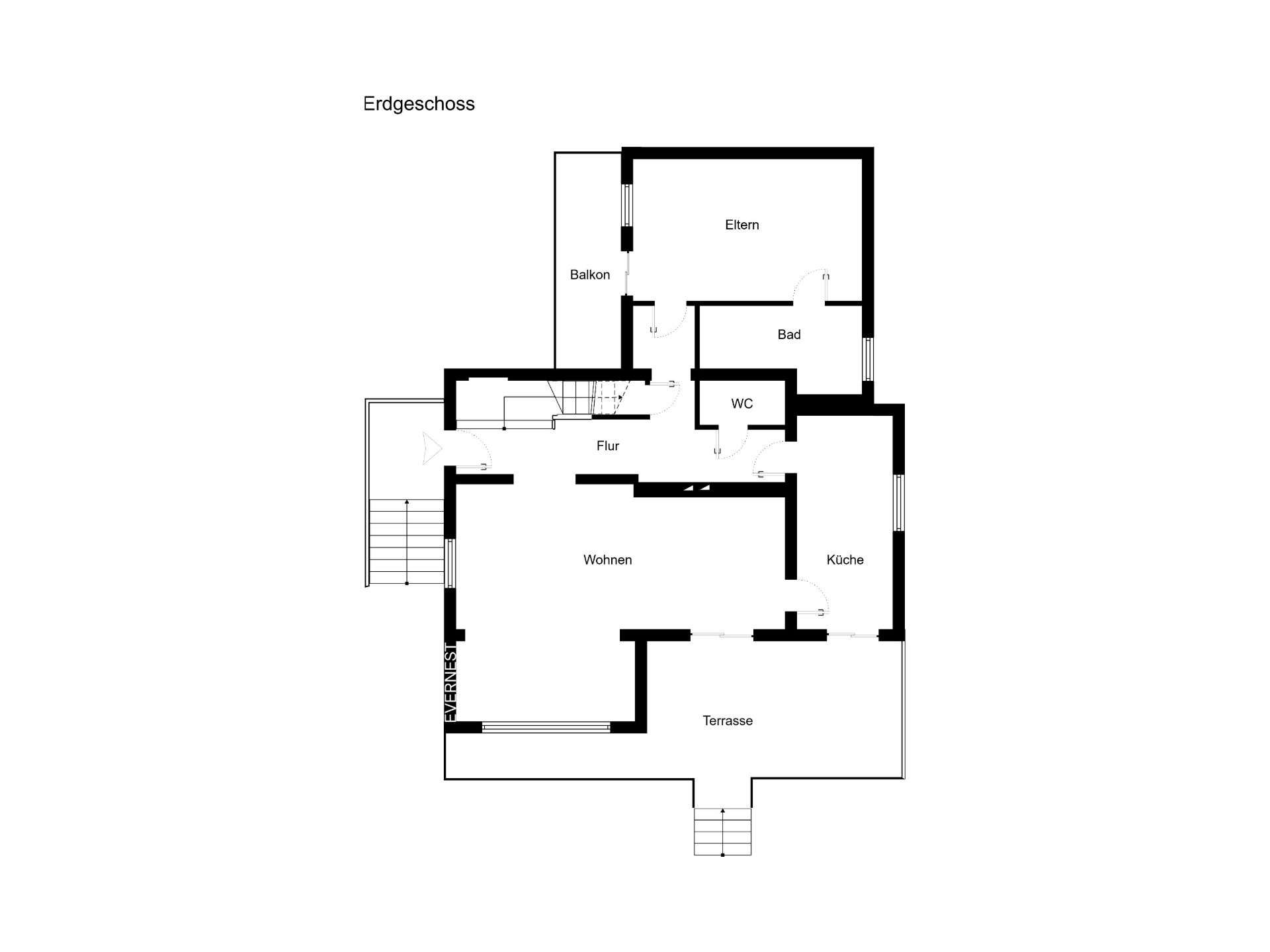 Grundriss des Erdgeschosses mit Wohnzimmer, Küche, Bad, WC, Elternzimmer, Balkon und Terrasse.
