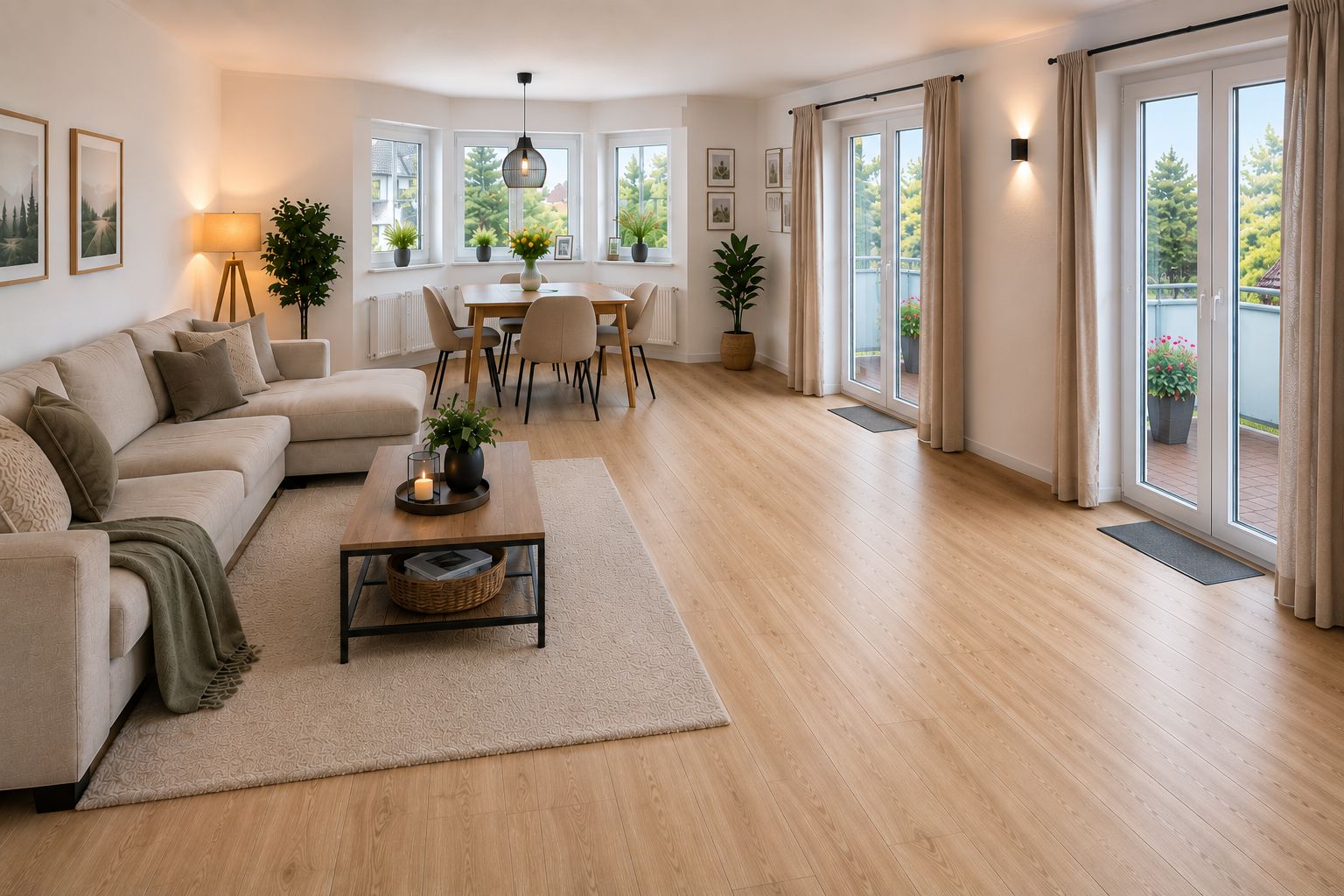 Modernes Wohnzimmer mit Sofa, Couchtisch, Esstisch und großen Fenstern mit Blick nach draußen.