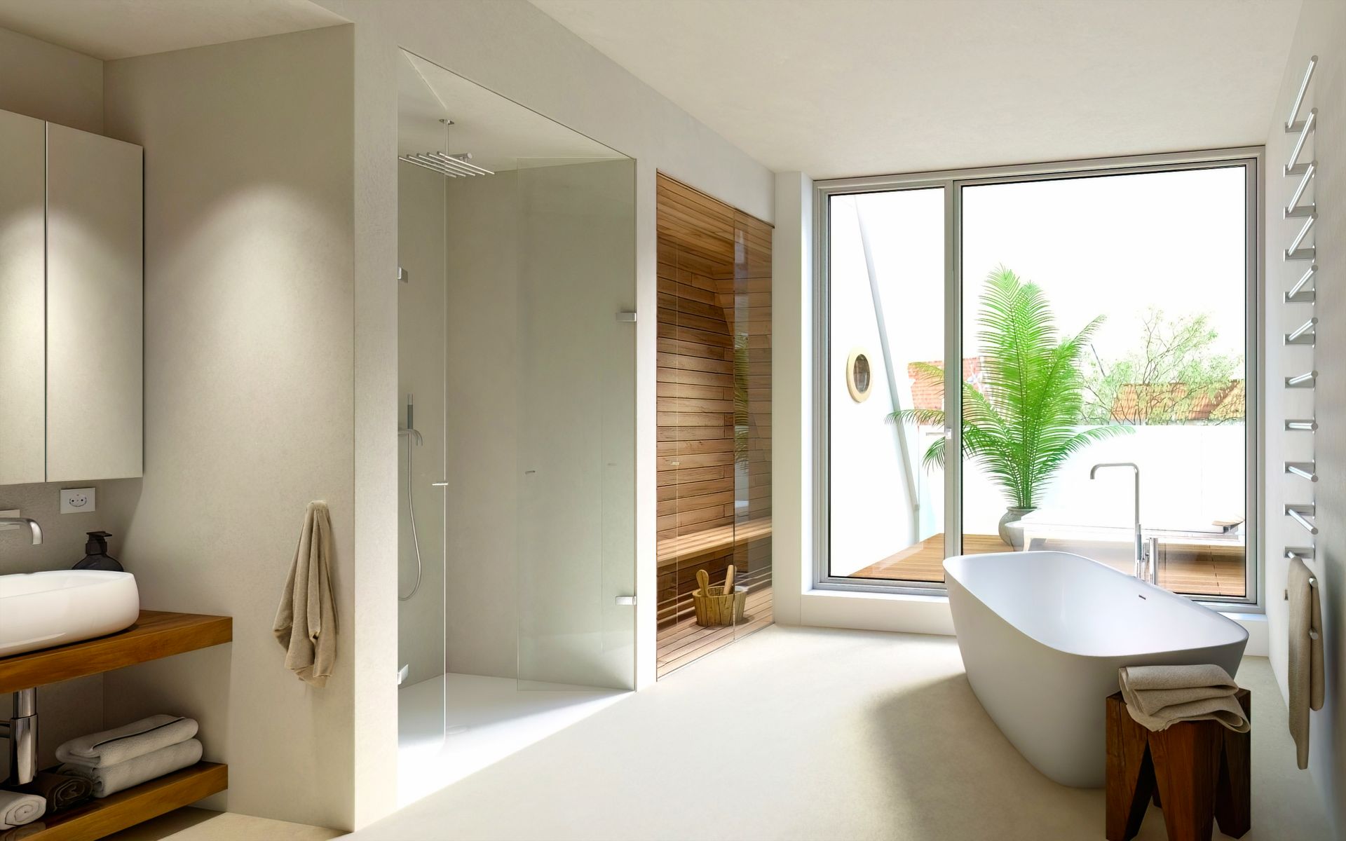 Modernes Badezimmer mit freistehender Badewanne, Dusche, großem Fenster und Pflanze.