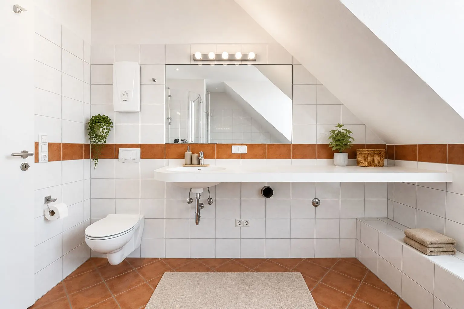 Helles Badezimmer mit Dachschräge, großem Spiegel, Waschbecken und wandhängender Toilette.