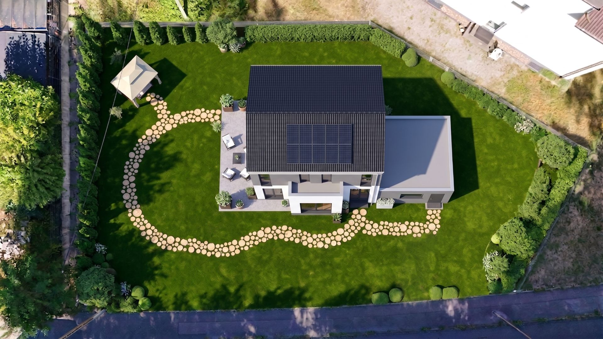 Vogelperspektive auf ein Haus mit Solardach, Garten, Steingartenweg und Pavillon.