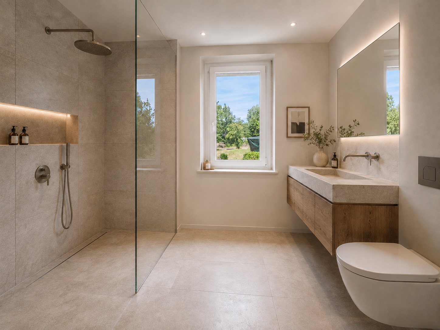 Modernes Badezimmer mit großer begehbarer Dusche, Fenster, hängender Toilette und Waschtisch.