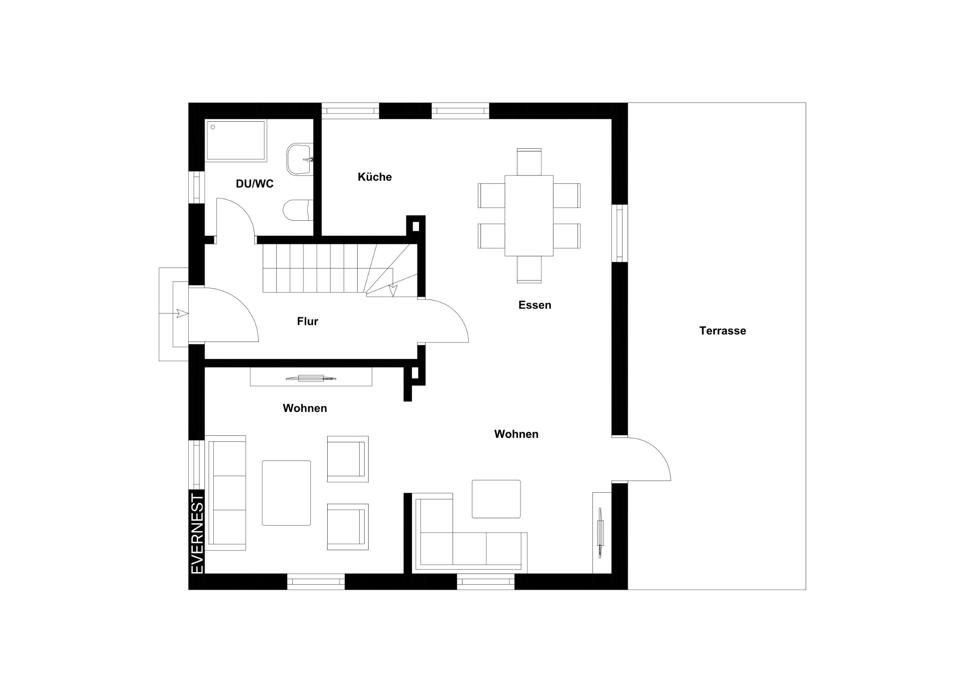 Grundriss eines Hauses mit Küche, Essbereich, zwei Wohnzimmern, Bad, Flur und Terrasse.