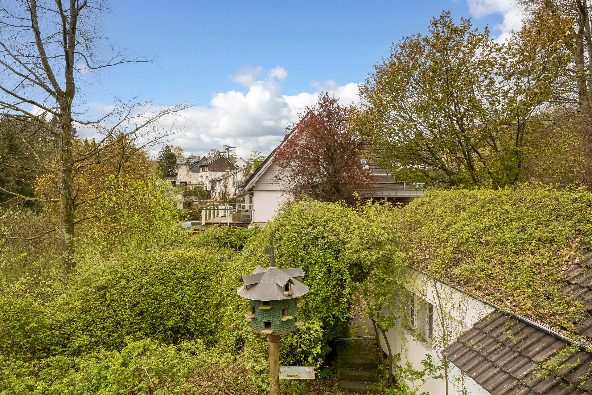 Haus mit Terrasse, umgeben von Bäumen und Sträuchern, Vogelhaus im Vordergrund.