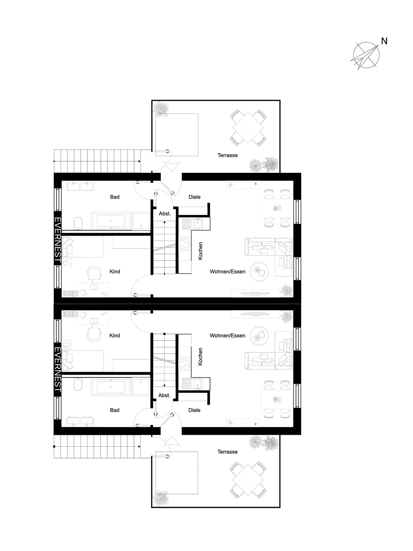 Grundriss eines Wohnhauses mit Kinderzimmer, Bad, Küche, Wohn-Essbereich und Terrasse.