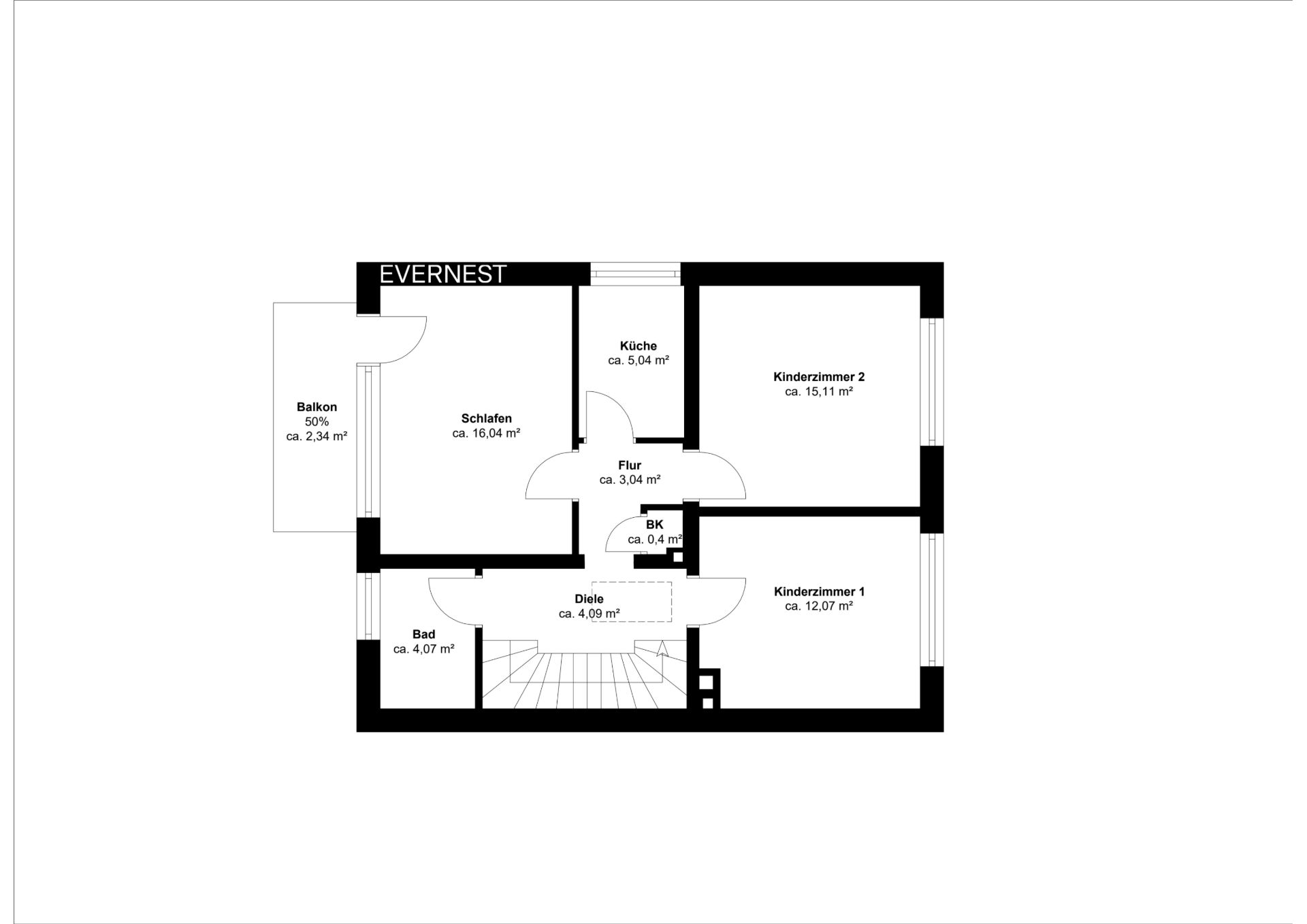 Grundriss einer Wohnung mit Balkon, Schlafzimmer, Küche, zwei Kinderzimmern, Bad und Flur.