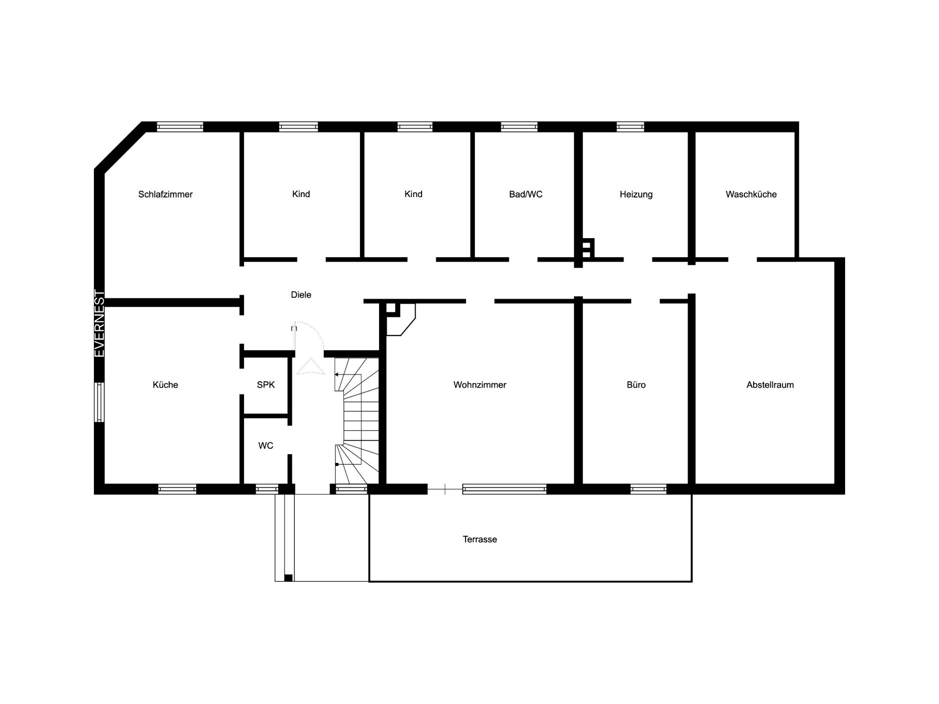 Grundriss eines Wohnhauses mit mehreren Zimmern, Küche, Bad, Wohnzimmer, Büro und Terrasse.