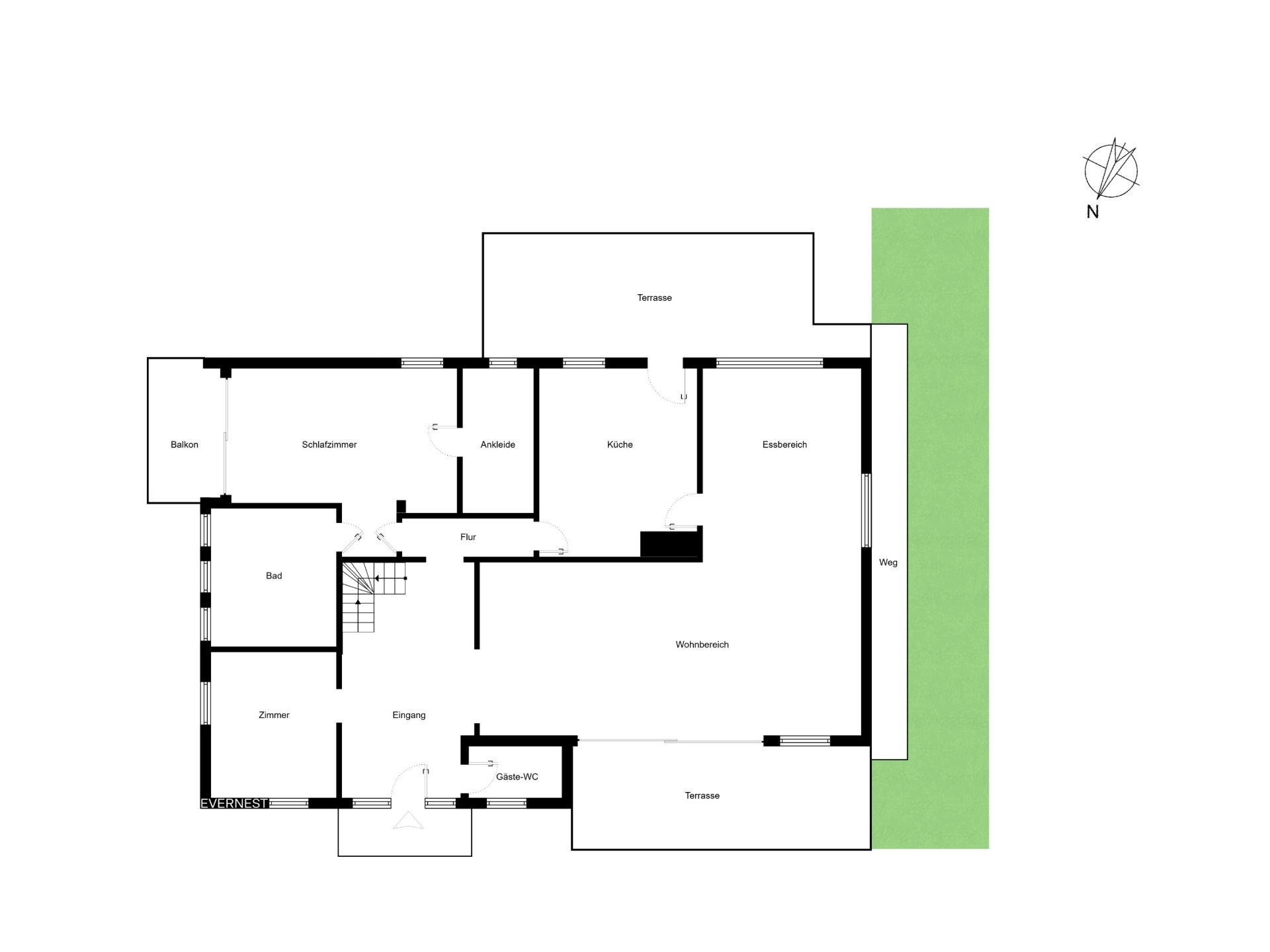 Grundriss eines Wohnhauses mit Schlafzimmer, Bad, Küche, Wohnbereich, Essbereich, Balkon und Terrasse.