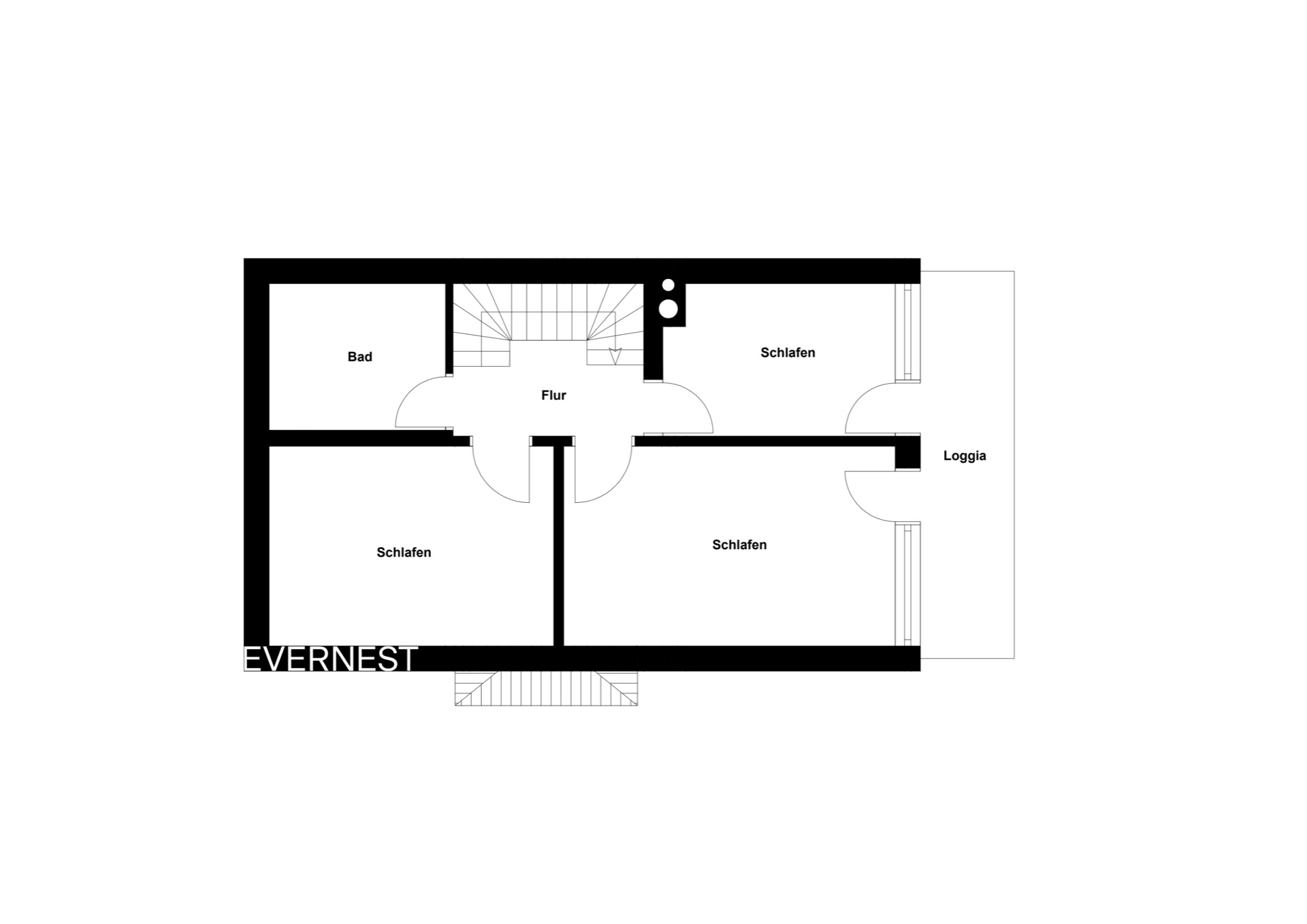 Grundriss mit Flur, Bad, drei Schlafzimmern und Loggia.