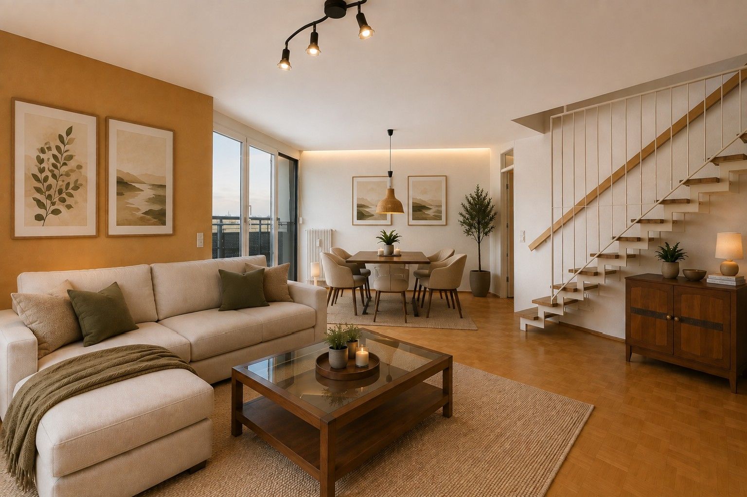 Modernes Wohnzimmer mit Sofa, Couchtisch, Essbereich und Treppe, helle Holzböden und Dekoration.