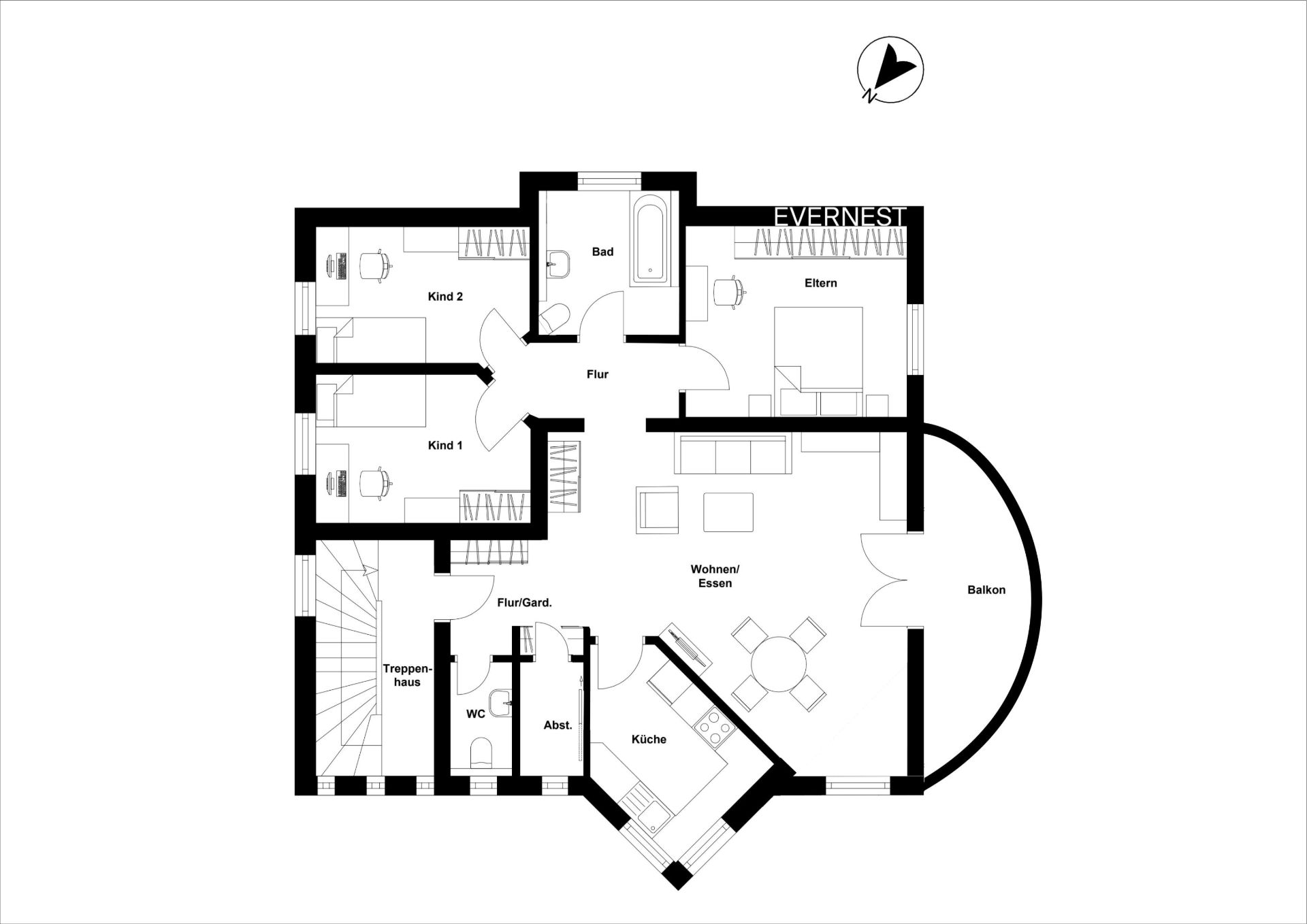 Grundriss einer Wohnung mit zwei Kinderzimmern, Elternschlafzimmer, Bad, Küche, Wohnzimmer und Balkon.