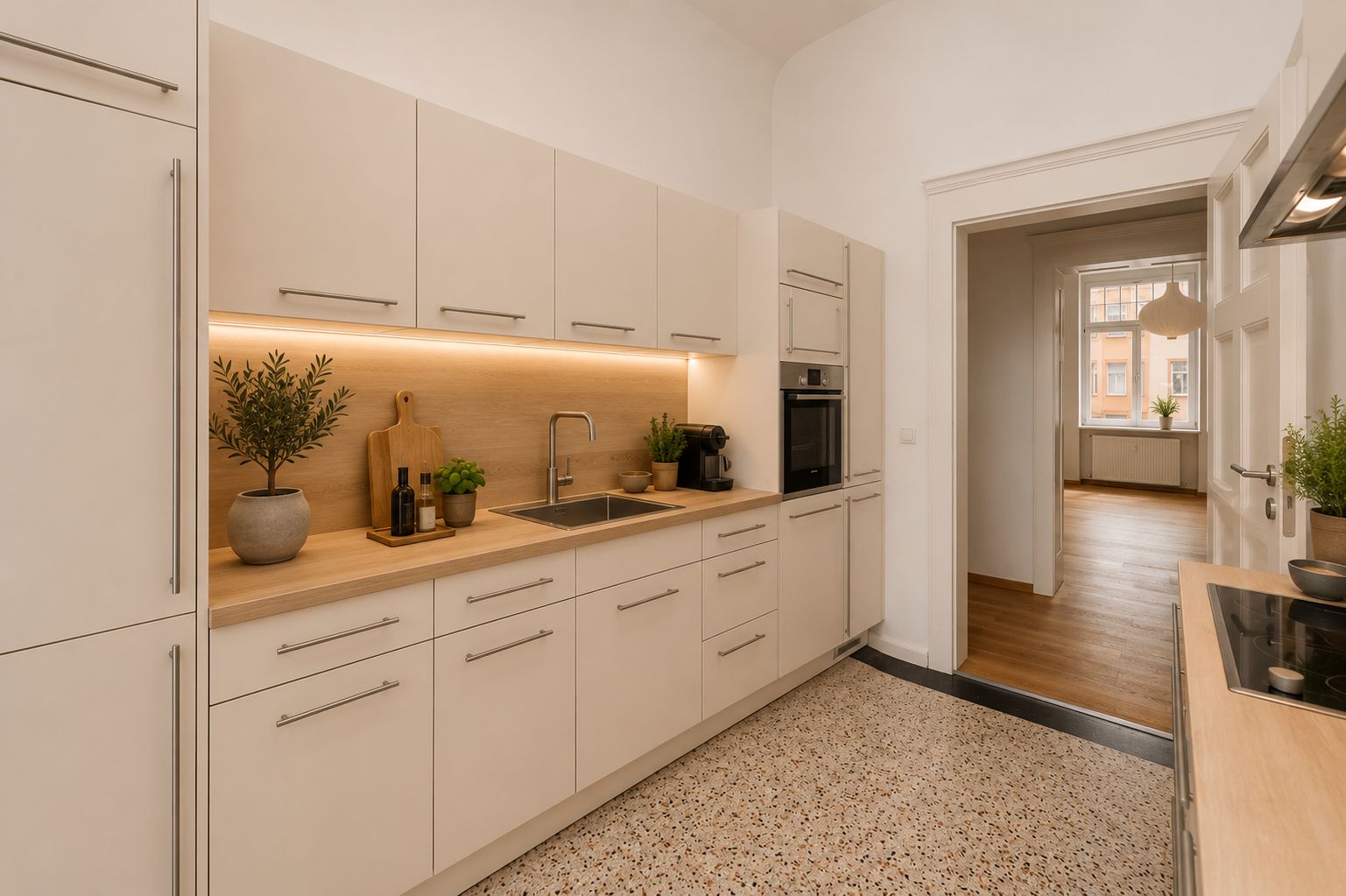 Moderne helle Küche mit Holzarbeitsplatte, Spüle, Herd und Pflanzen, Blick ins Wohnzimmer.