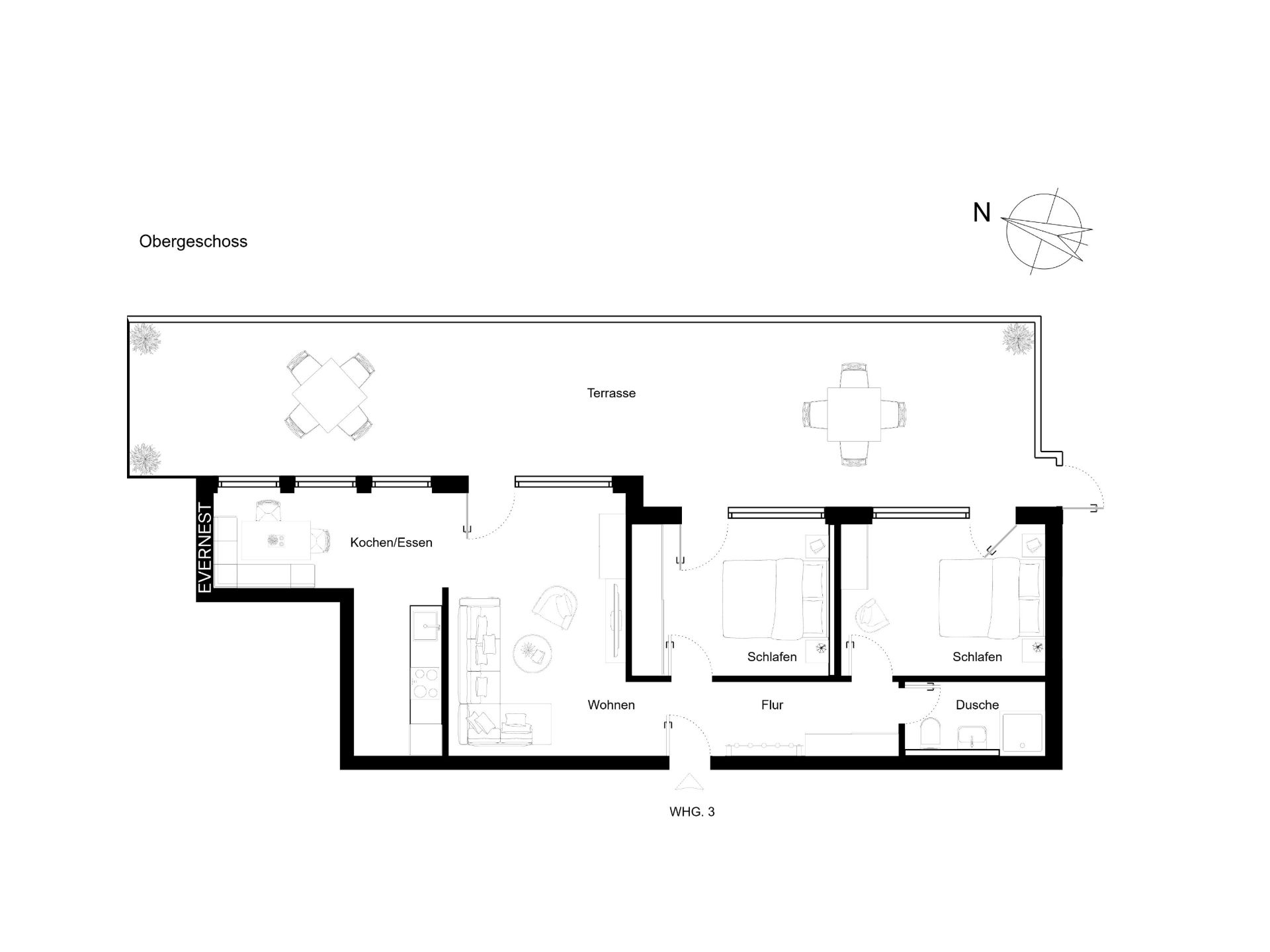 Grundriss einer Wohnung mit zwei Schlafzimmern, Wohnzimmer, Küche, Bad und großer Terrasse.
