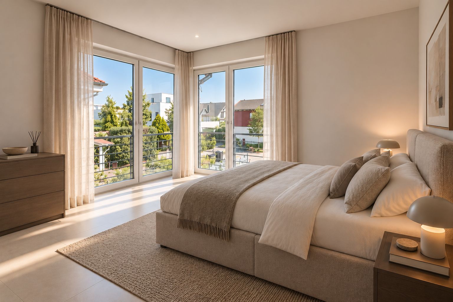 Helles Schlafzimmer mit großem Bett, Teppich, Kommode und großen Fenstern mit Blick ins Grüne.