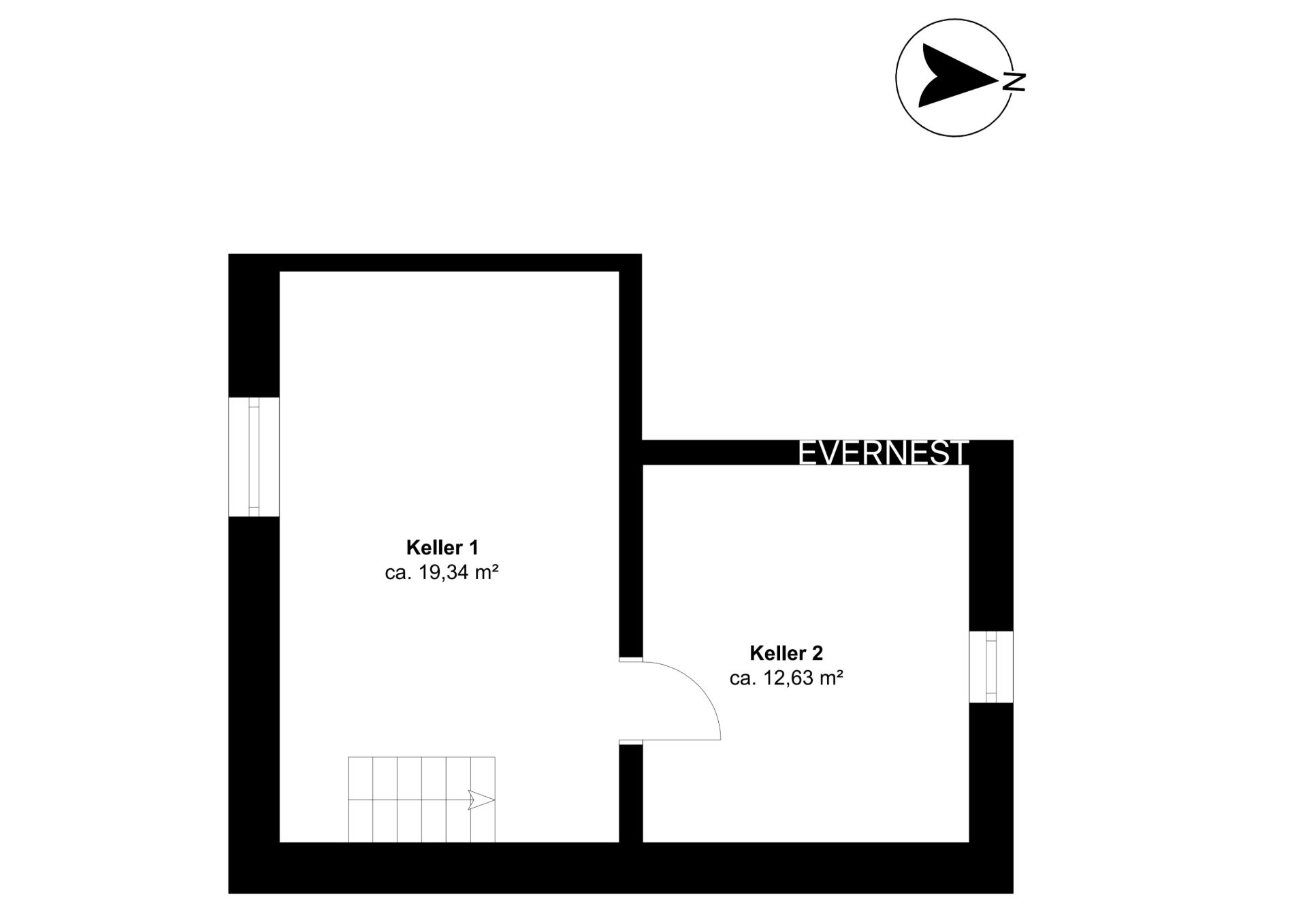 Grundriss mit zwei Kellerräumen, Keller 1 und Keller 2, inklusive Größenangaben.