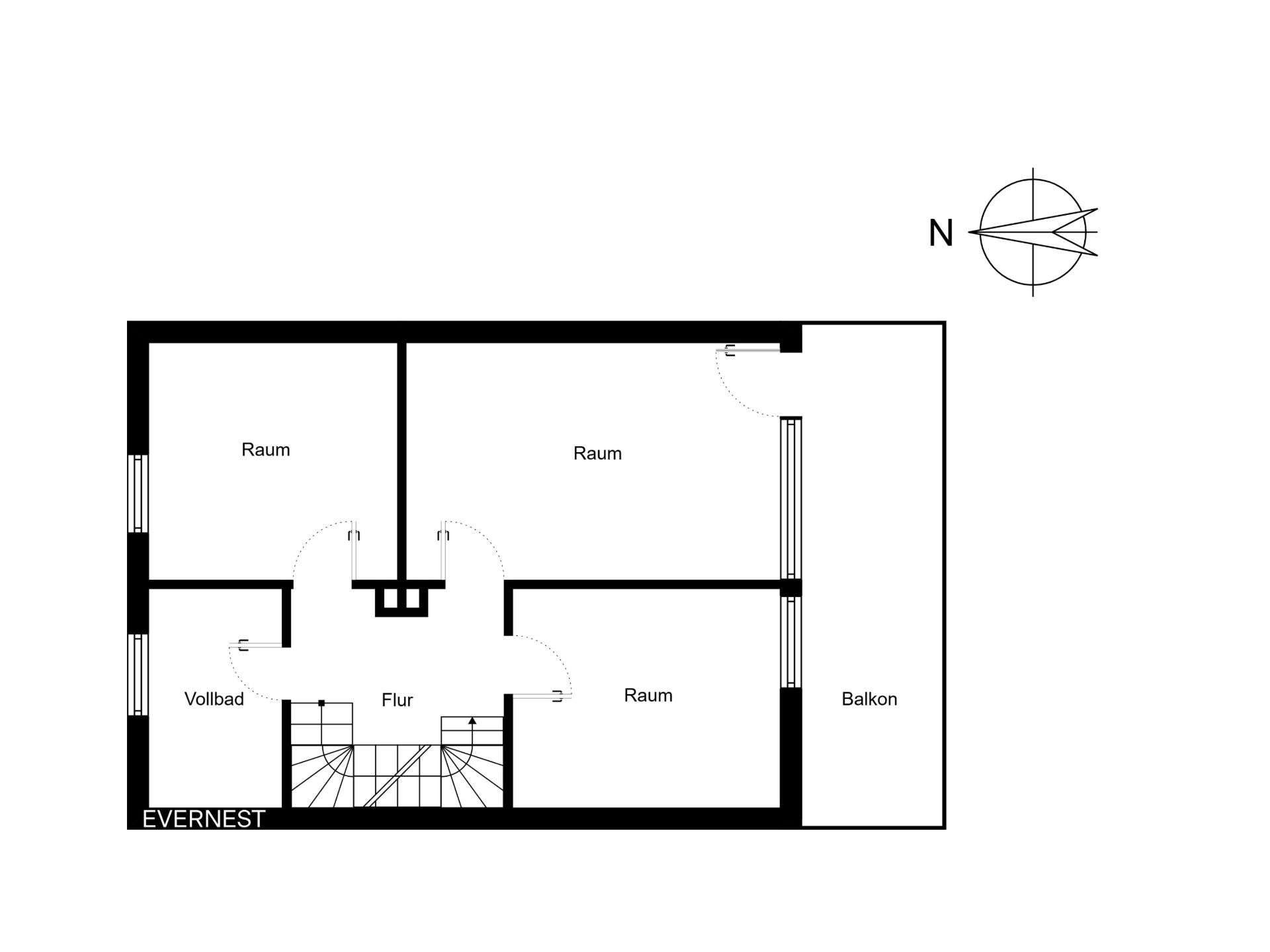 Grundriss mit Flur, drei Räumen, Vollbad und Balkon, sowie Treppe unten links.