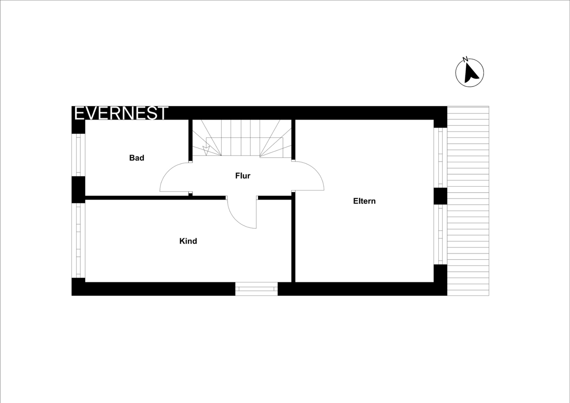 Grundriss zeigt Flur, Bad, Kinderzimmer und Elternschlafzimmer.