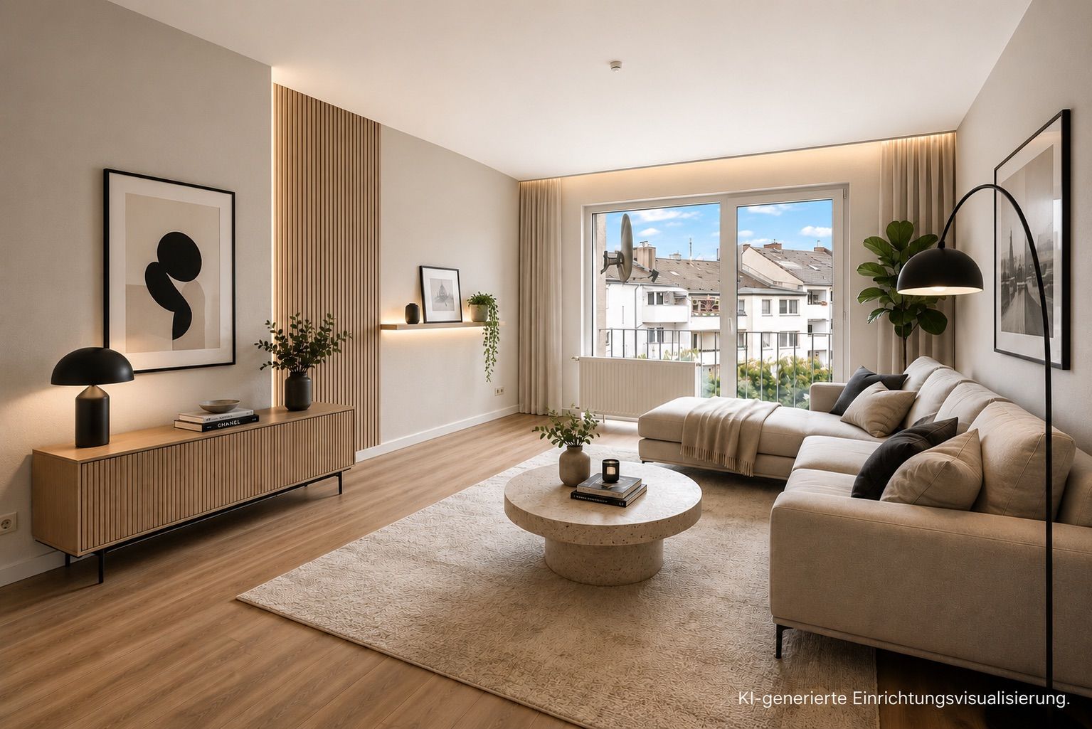 Modernes Wohnzimmer mit großem Sofa, Couchtisch, Sideboard, Bildern und großem Fenster.