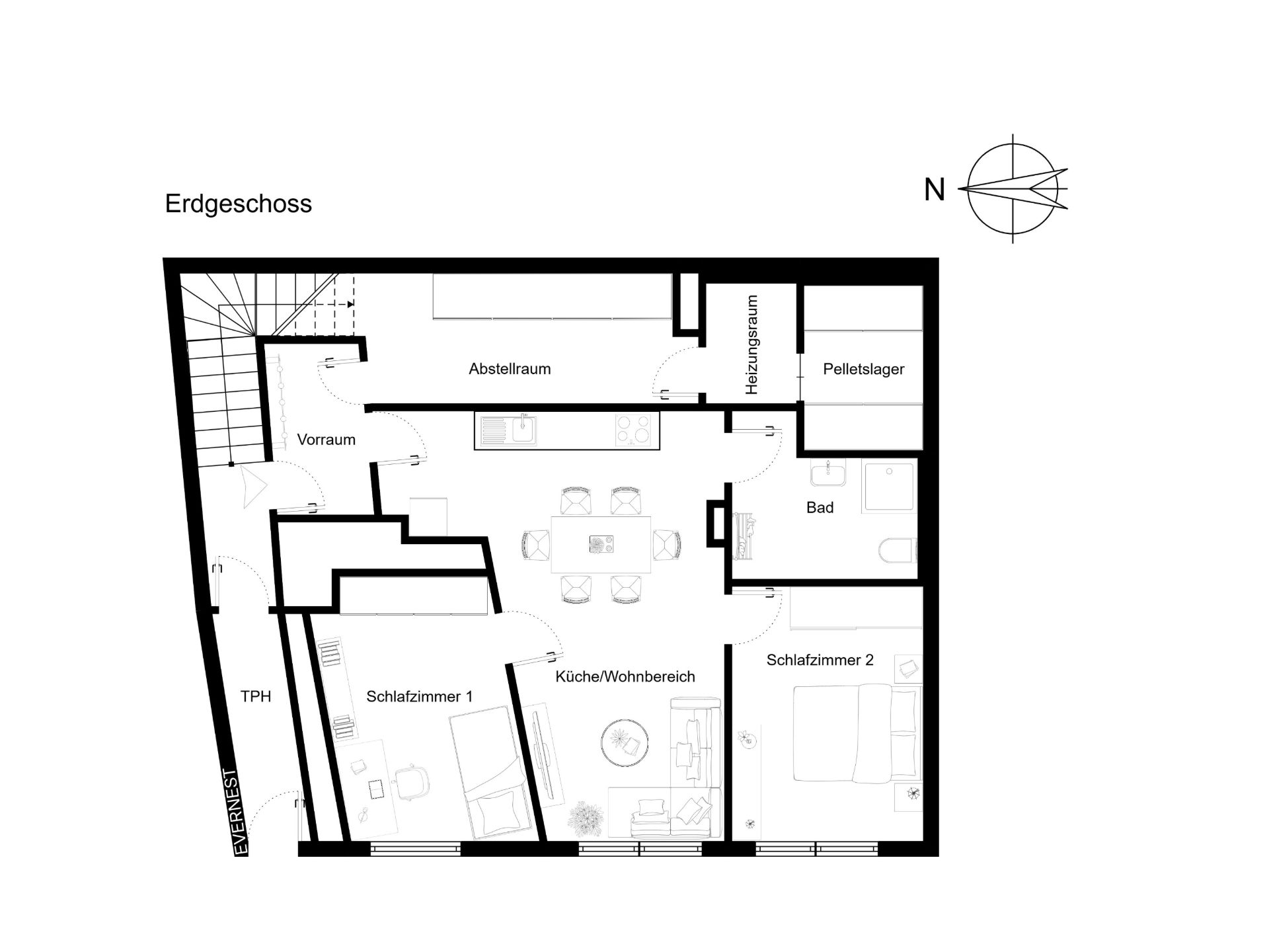 Grundriss des Erdgeschosses mit zwei Schlafzimmern, Bad, Abstellraum und offenem Wohnbereich.
