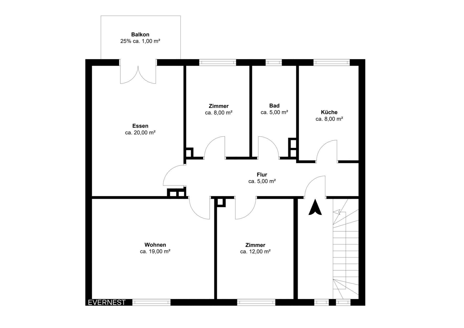 Grundriss einer Wohnung mit Balkon, Wohn- und Essbereich, zwei Zimmern, Bad, Küche und Flur.