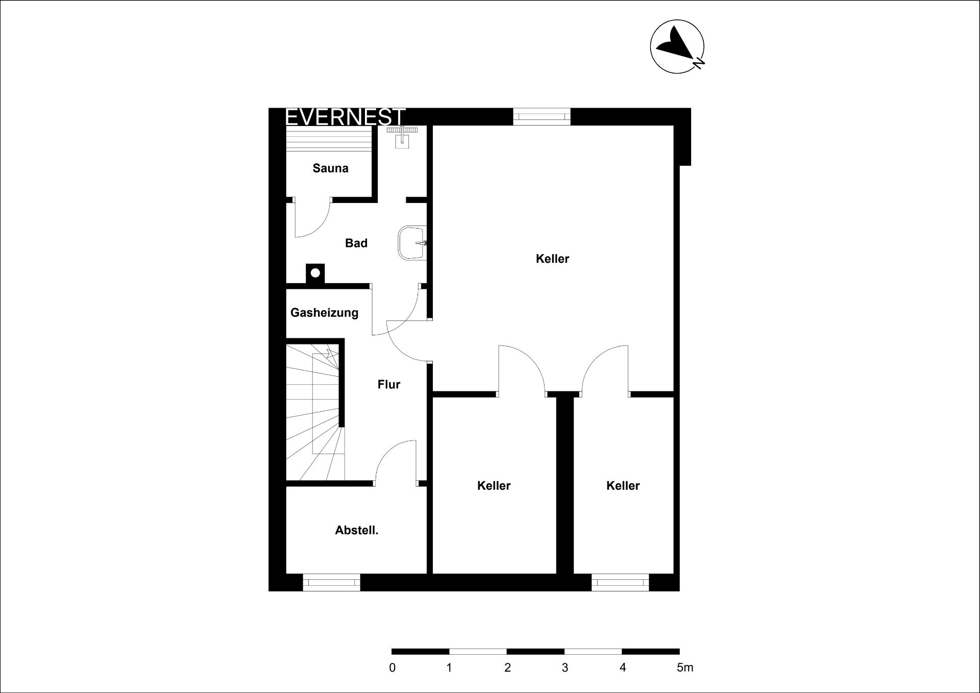 Grundriss eines Kellers mit Sauna, Bad, Gasheizung, Flur, Abstellraum und drei Kellerräumen.