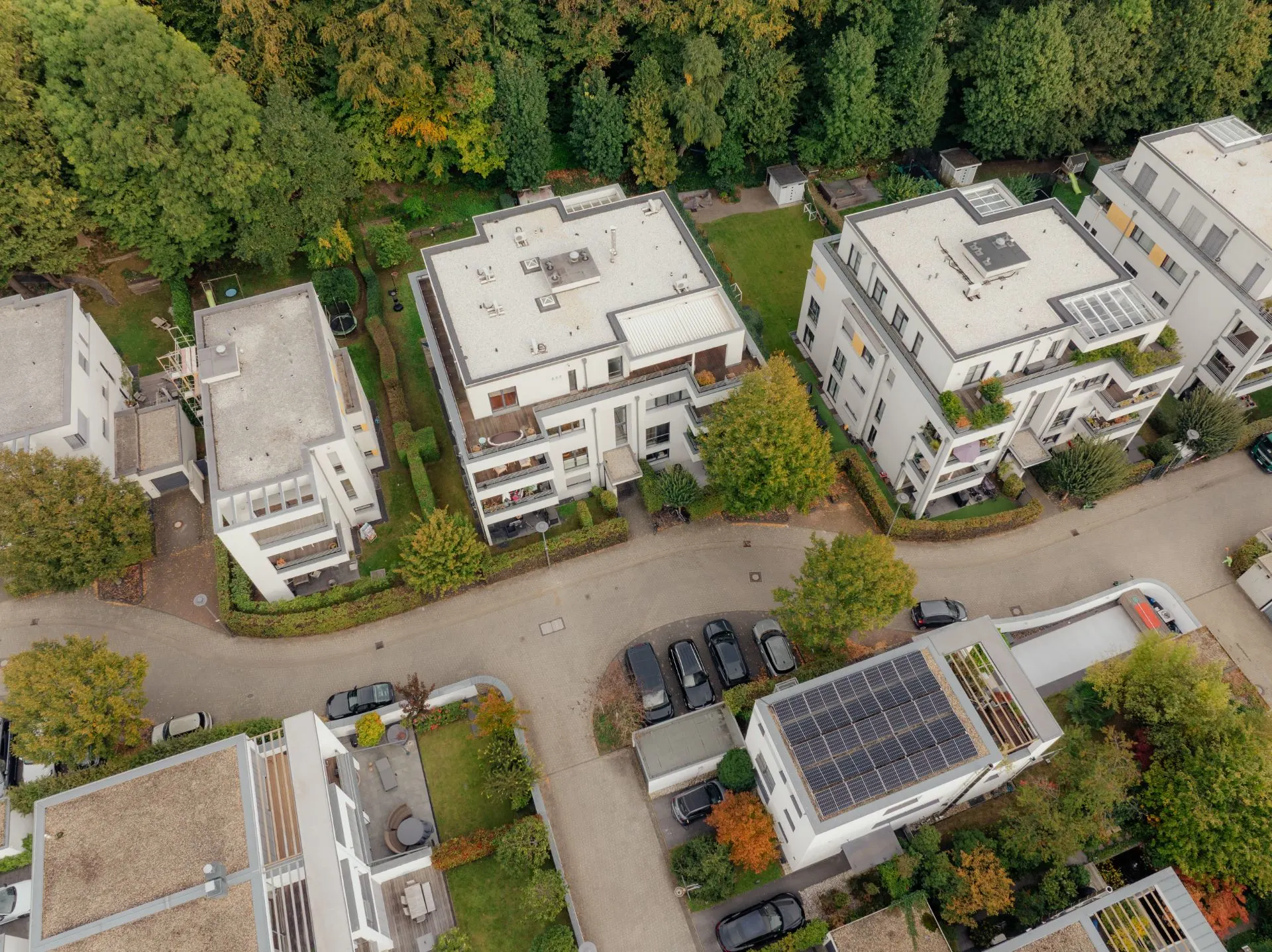 Luftaufnahme mehrerer Wohnhäuser mit Flachdächern, umgeben von Bäumen und einer Straße.