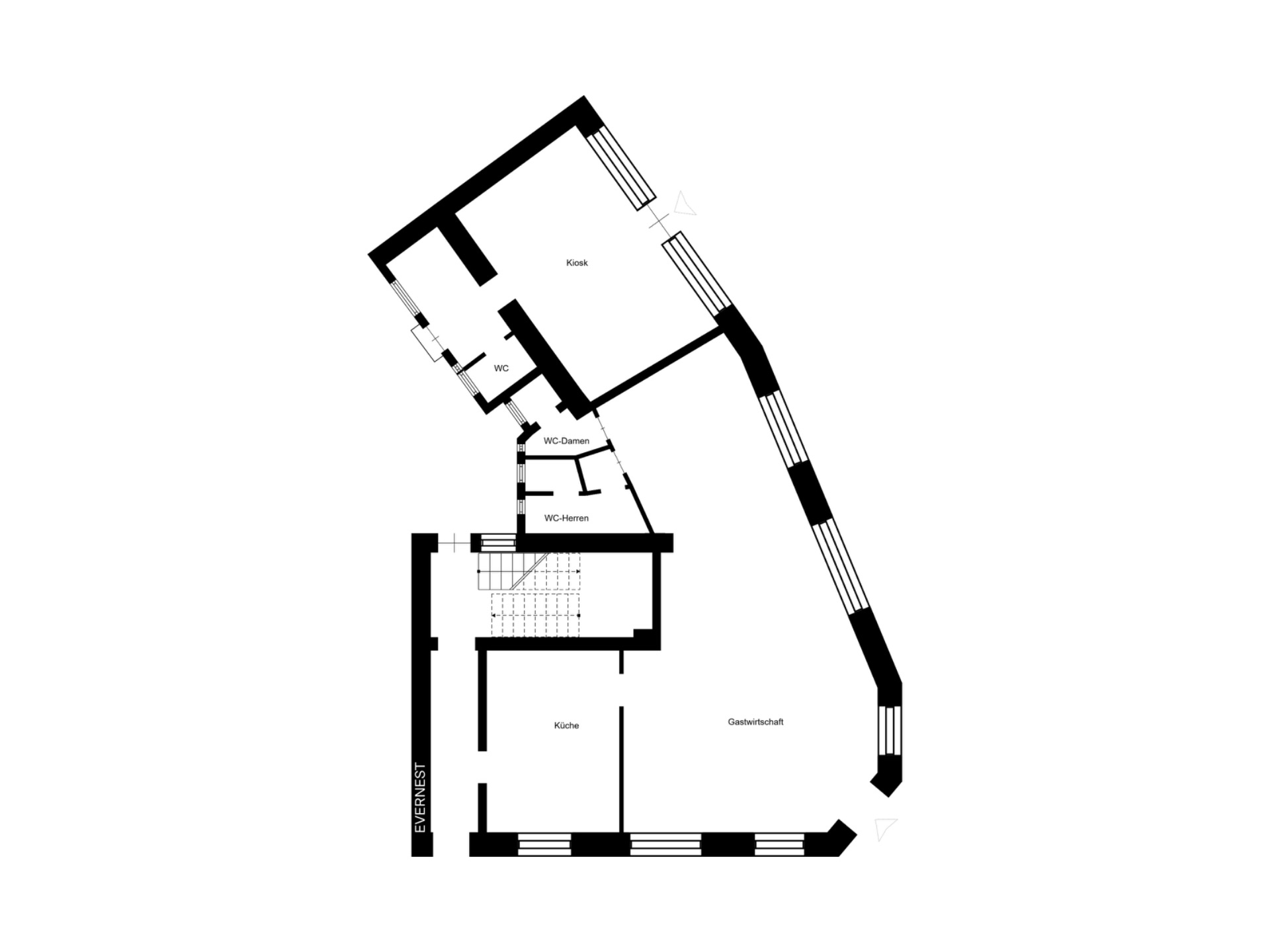 Grundriss eines Wohngebäudes mit Küche, Gesellschaftsraum, WC und Kiosk.
