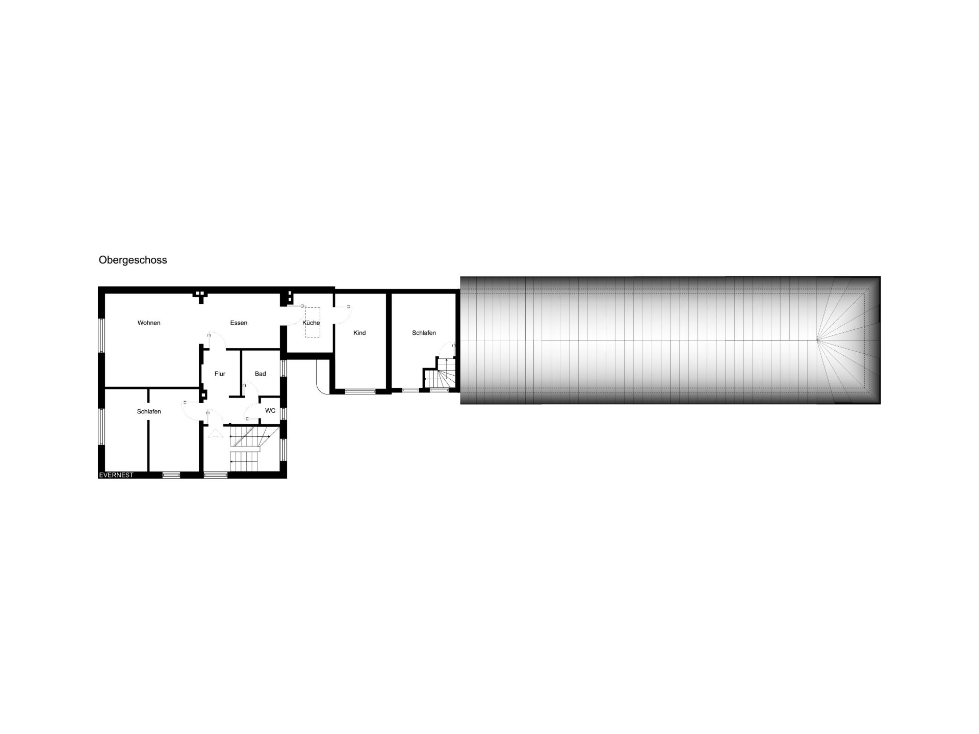 Grundriss eines Obergeschosses mit mehreren Zimmern, Flur, Bad und Treppe.