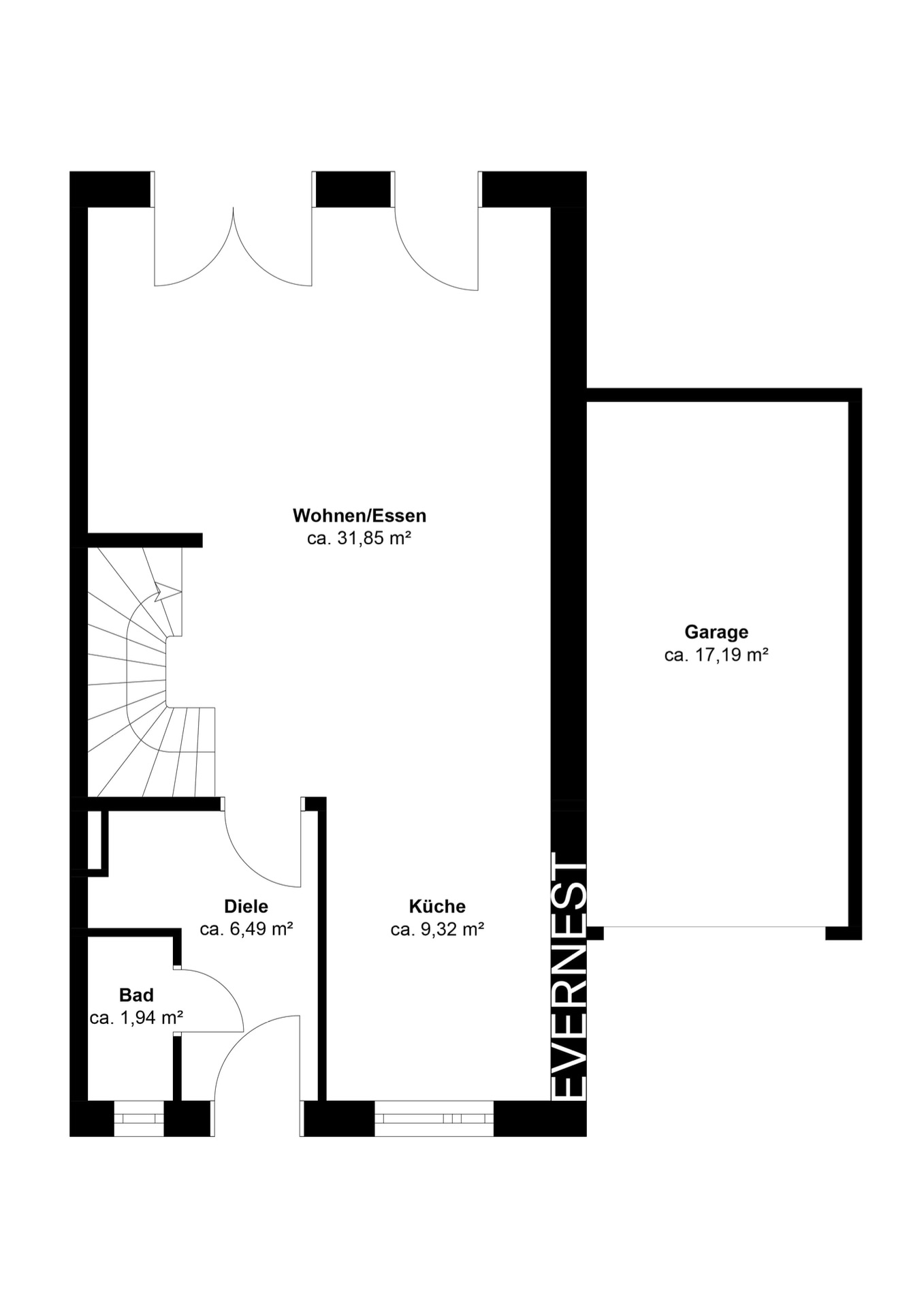 Grundriss mit Wohnzimmer, Küche, Bad, Diele und Garage, Flächenangaben in Quadratmetern.