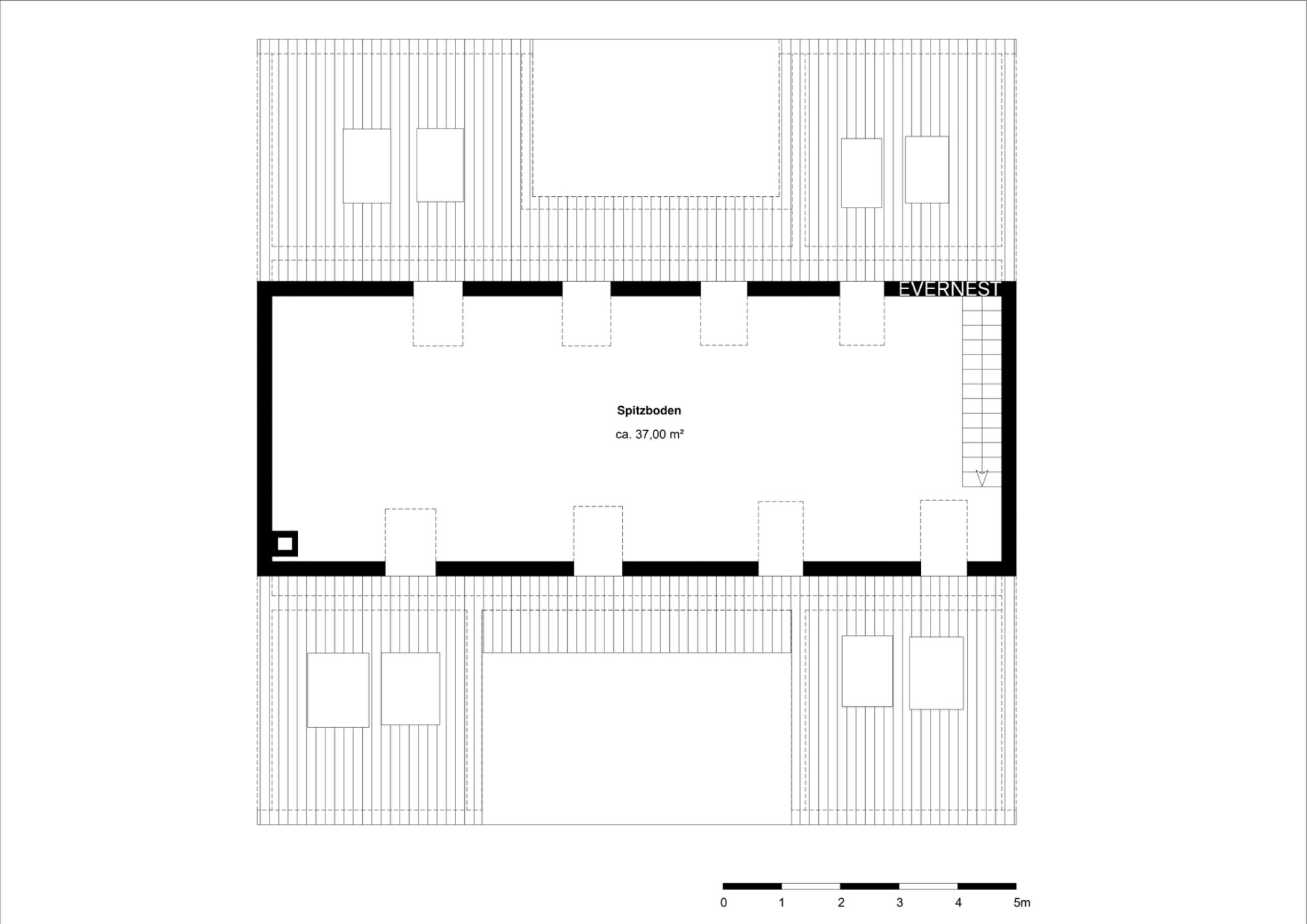 Grundriss eines Spitzbodens mit ca. 37 Quadratmetern Fläche und sichtbarer Treppe.