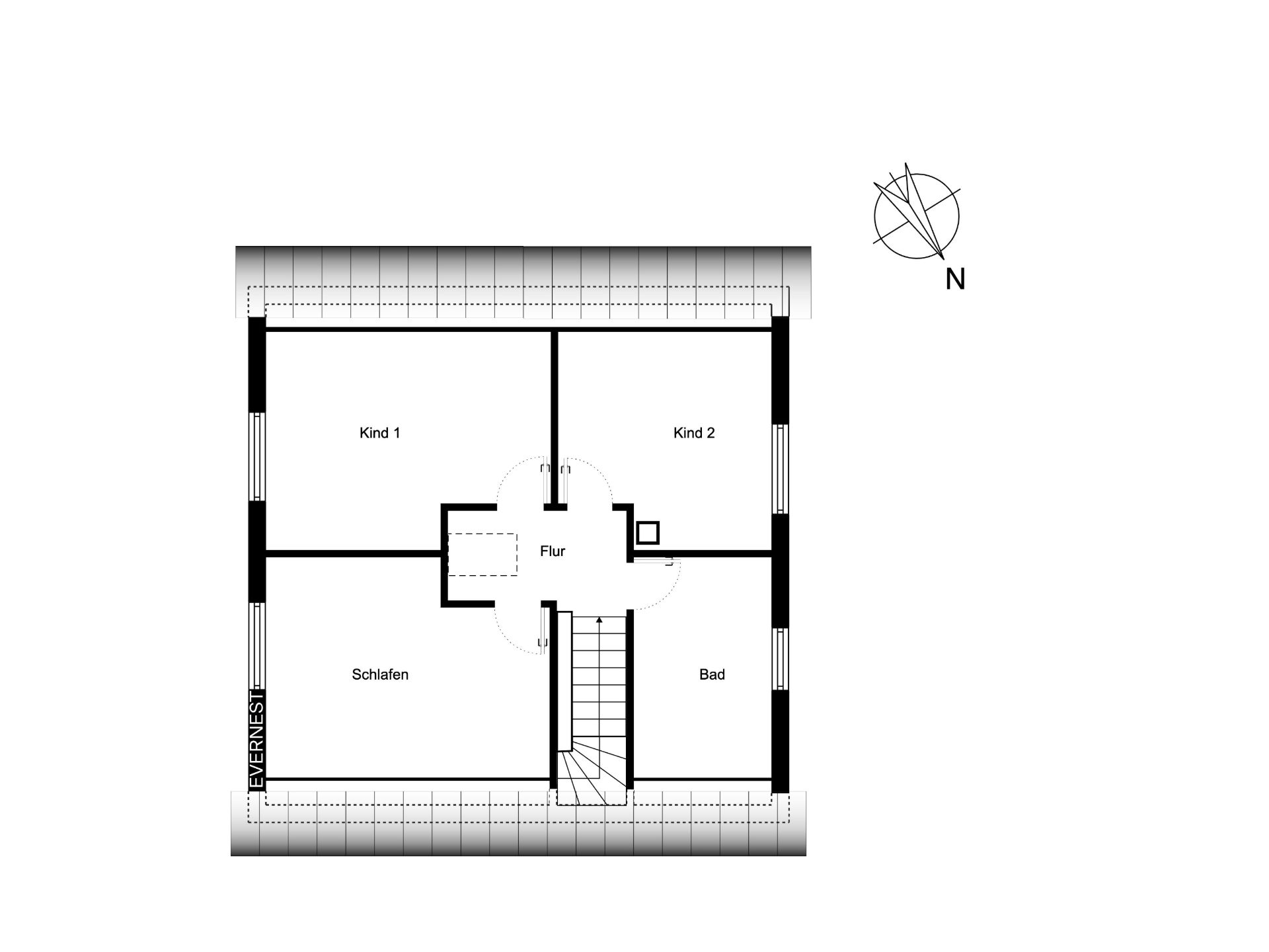 Grundriss mit Flur, zwei Kinderzimmern, Schlafzimmer, Bad und Treppe.