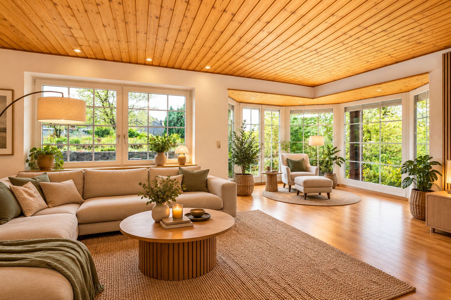 Helles Wohnzimmer mit Holzdecke, großem Sofa, Couchtisch und vielen Fenstern mit Blick ins Grüne.