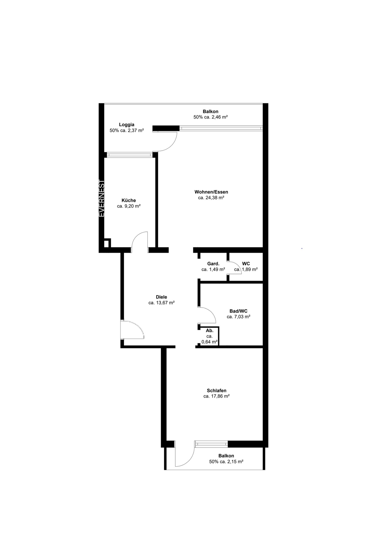 Grundriss einer Wohnung mit Wohnzimmer, Schlafzimmer, Küche, Bad, WC, Diele und zwei Balkonen.