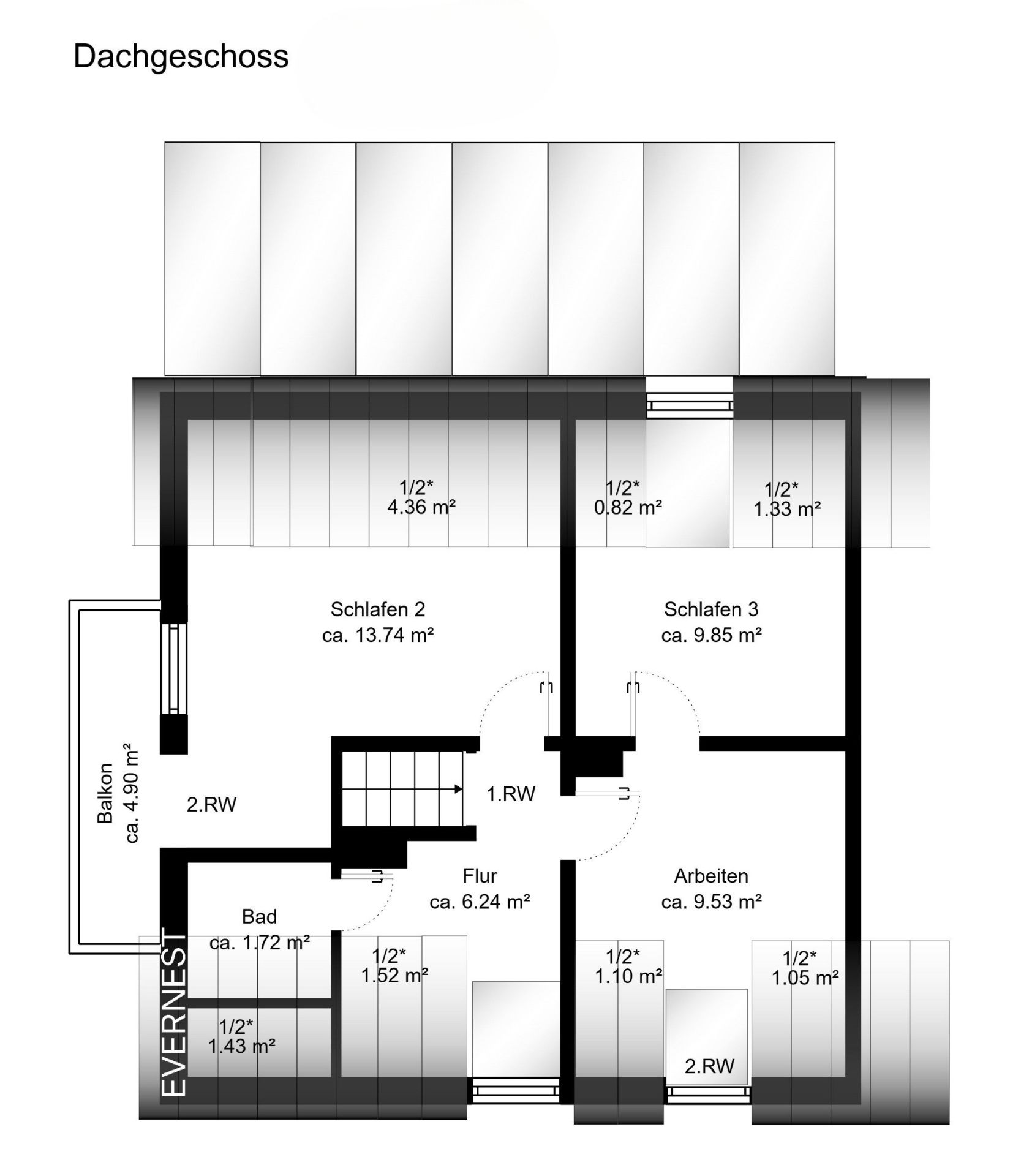 Grundriss des Dachgeschosses mit Zimmern, Bad, Flur und Balkon. Räume und Flächen sind beschriftet.