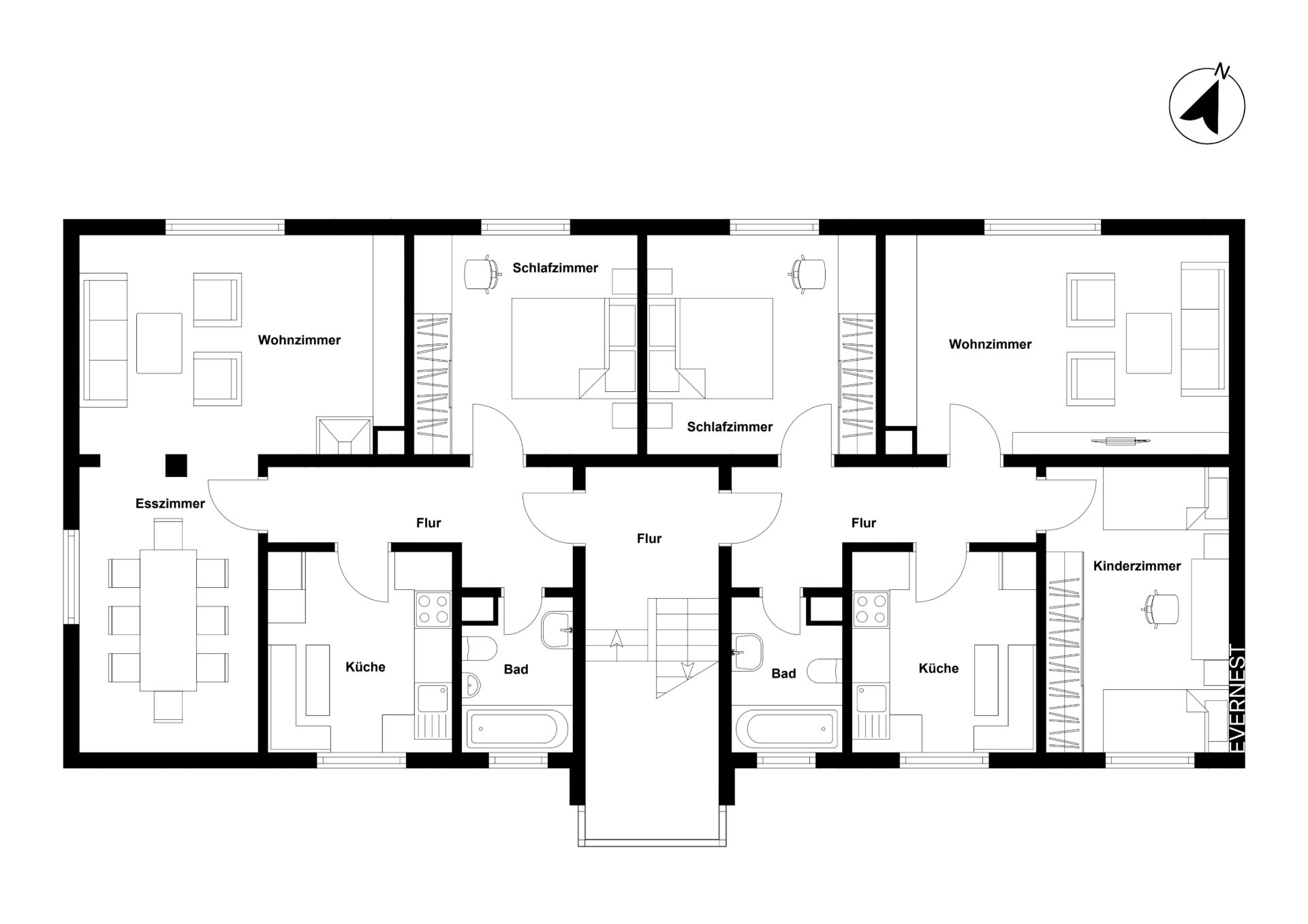 Grundriss einer Wohnung mit Wohnzimmer, Schlafzimmer, Küche, Bad und Esszimmer.