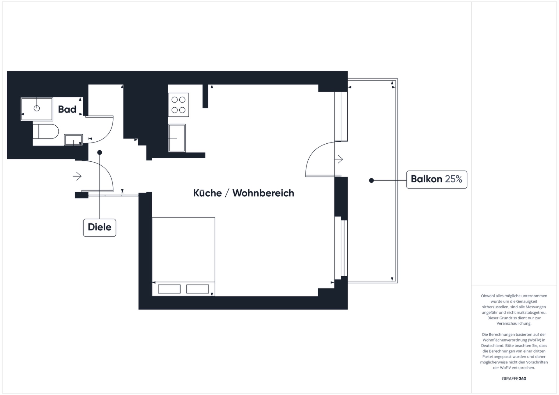 Grundriss einer Wohnung mit Bad, Diele, Küche/Wohnbereich und Balkon.