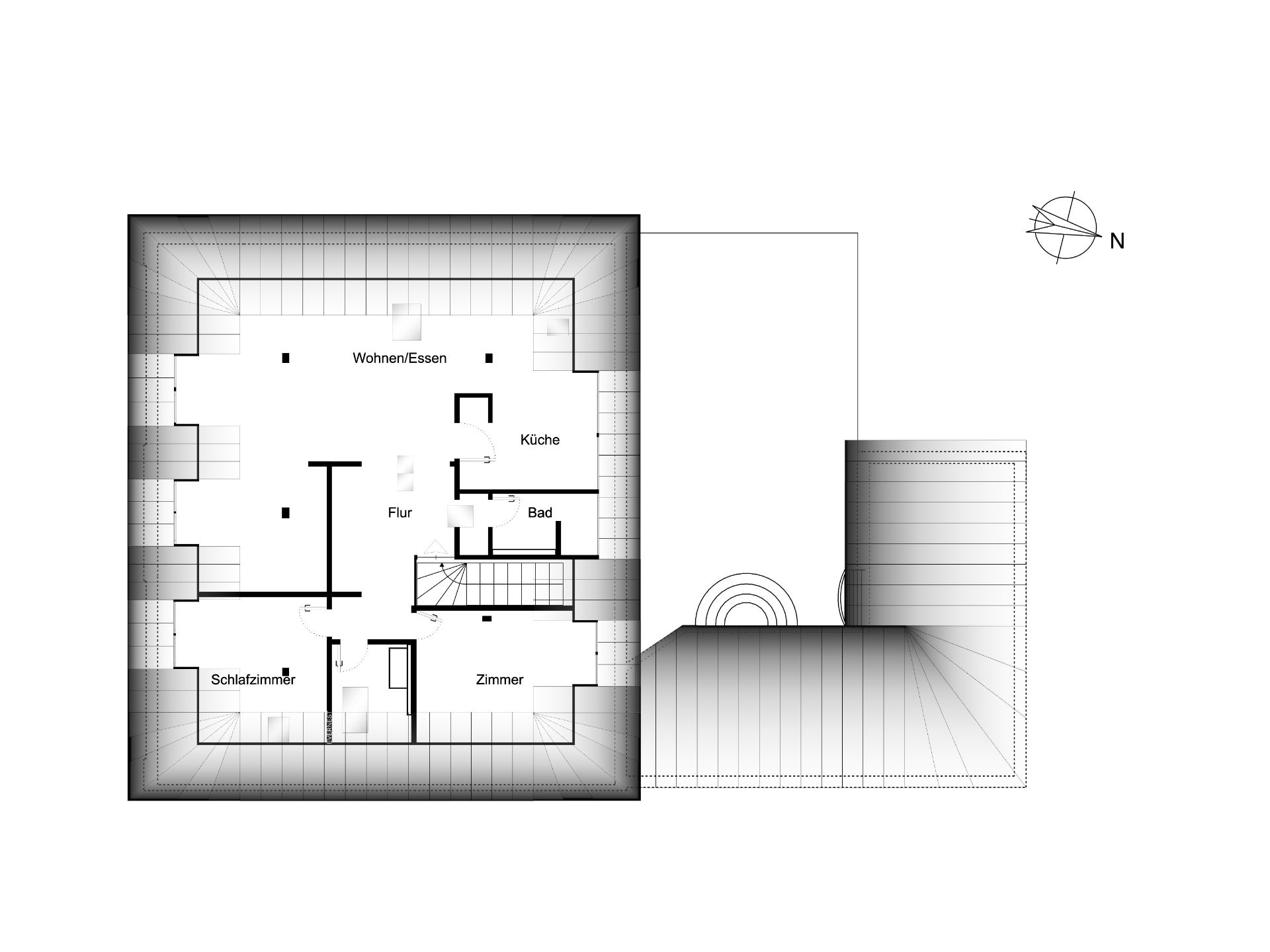 Grundriss eines Hauses mit Wohnzimmer, Küche, Bad, Schlafzimmer und weiterem Zimmer.