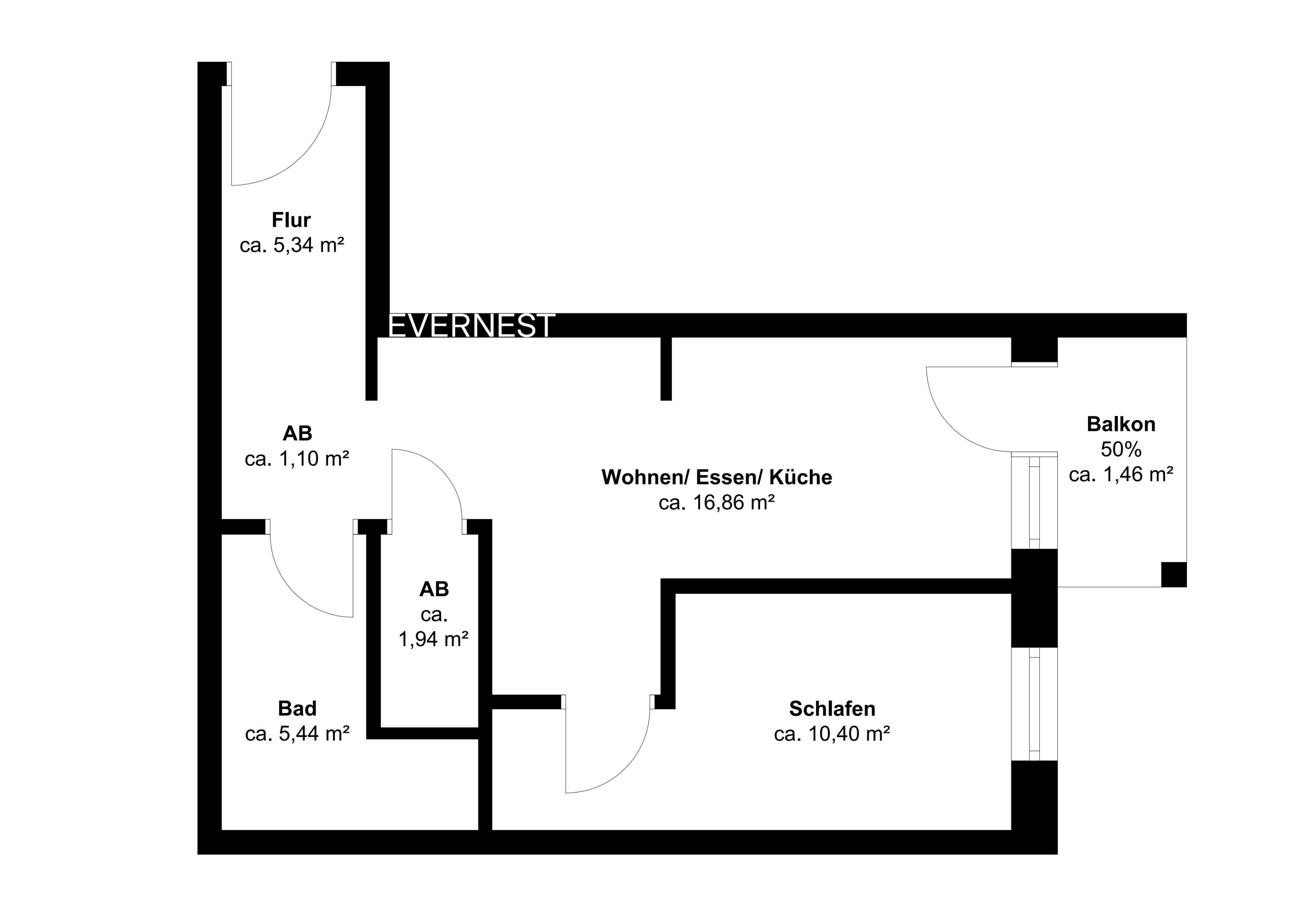 Grundriss einer Wohnung mit Flur, Bad, Abstellräumen, Wohnen/Essen/Küche, Schlafen und Balkon.