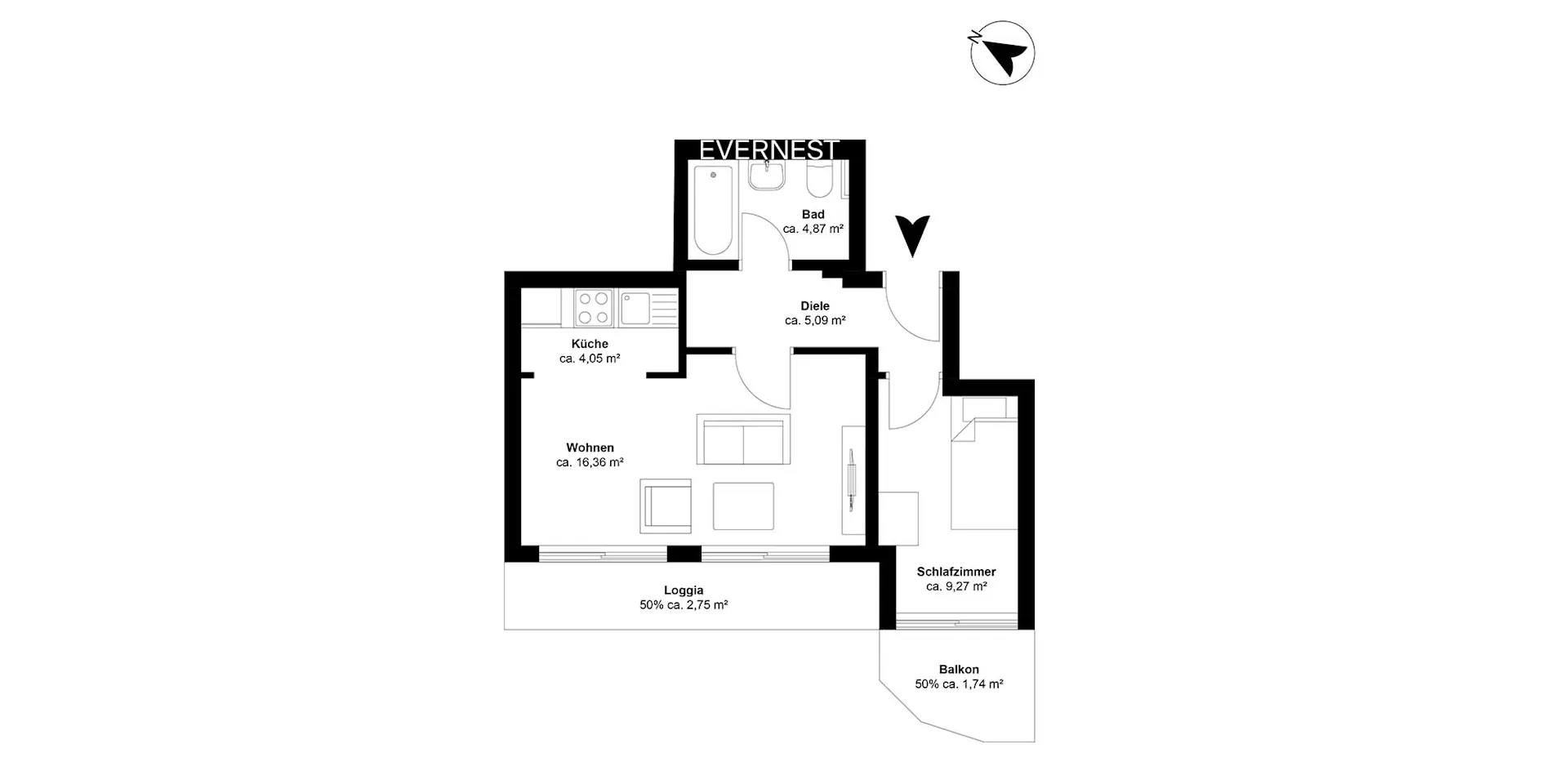 Grundriss einer Wohnung mit Wohnzimmer, Küche, Schlafzimmer, Bad, Diele, Loggia und Balkon.