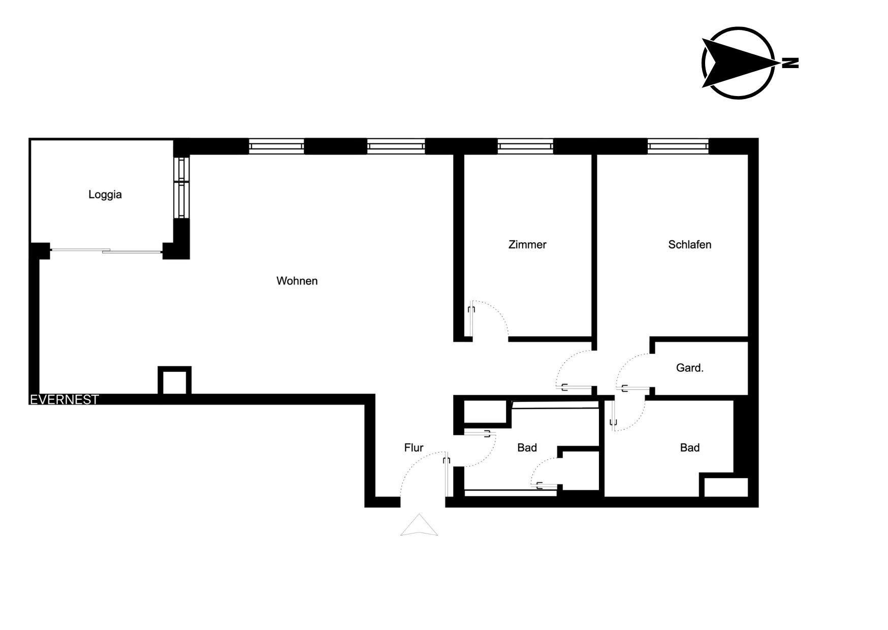 Grundriss einer Wohnung mit Wohnzimmer, Loggia, zwei Zimmern, zwei Bädern und Flur.