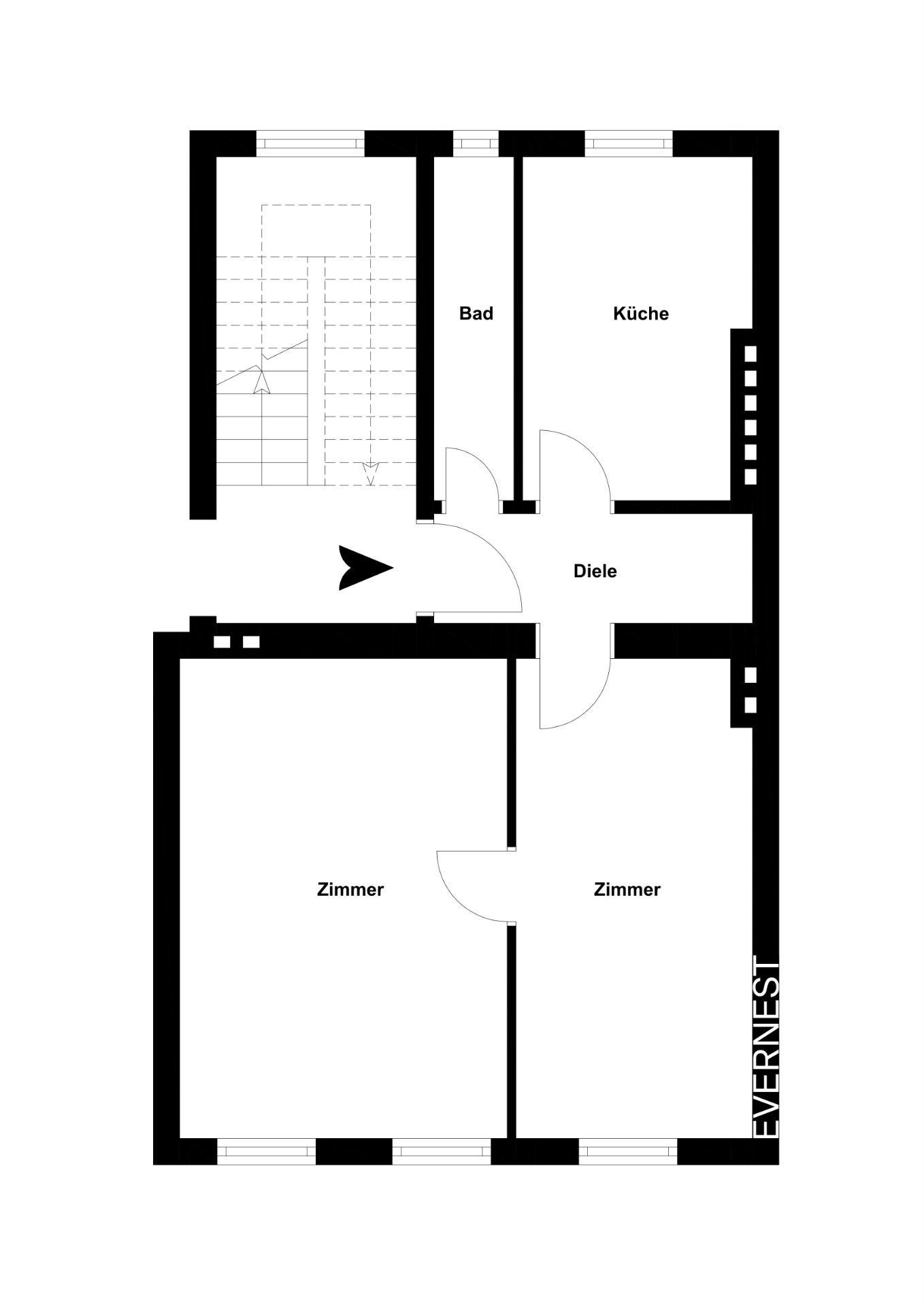 Grundriss mit Diele, Bad, Küche und zwei Zimmern, Eingang und Treppenhaus sichtbar.